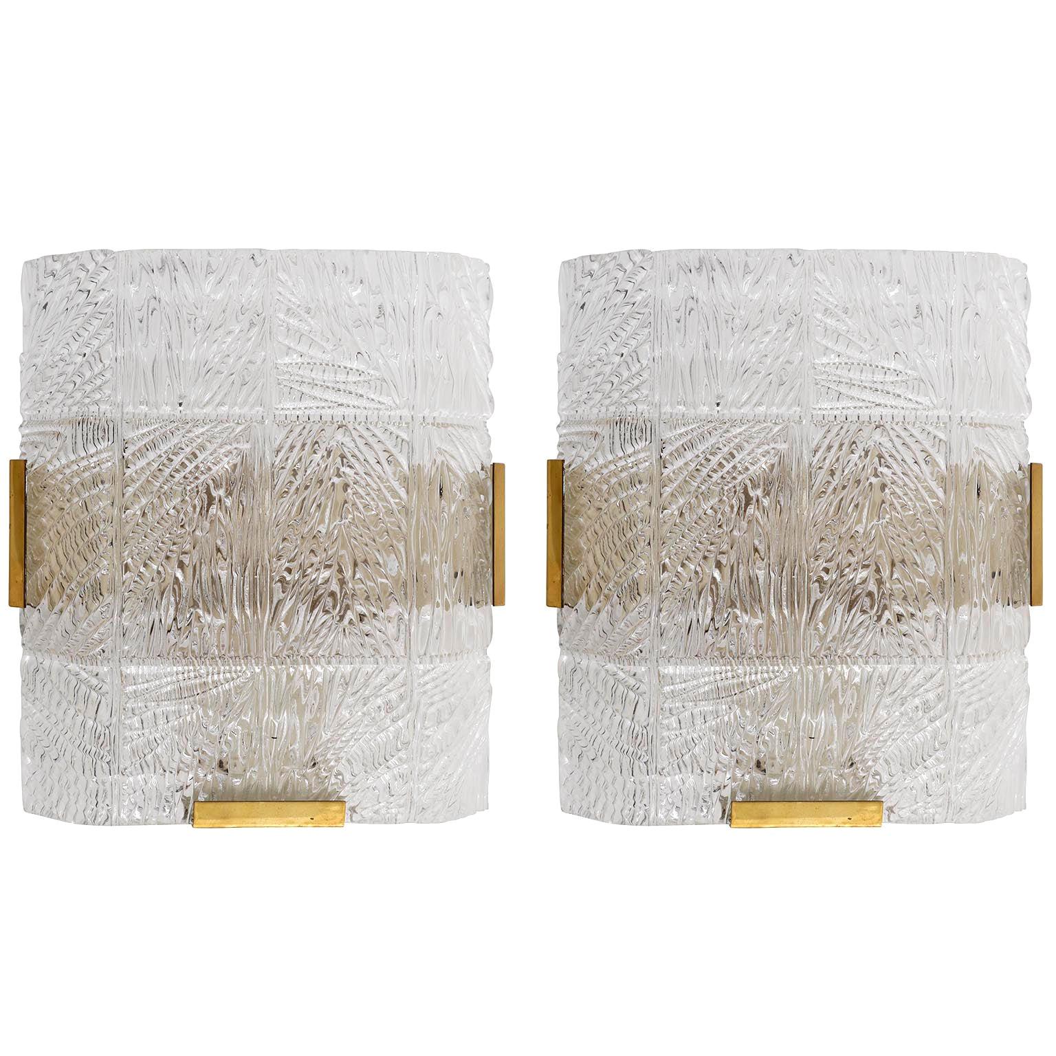 Pair of Large Kalmar Textured Glass and Brass Sconces Wall Lights, 1960