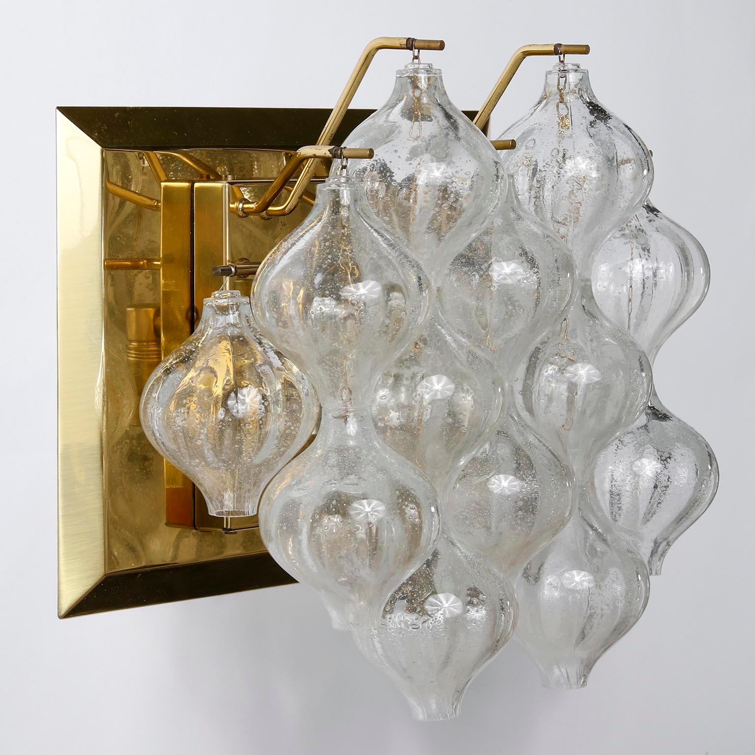 Pair of Large Kalmar 'Tulipan' Wall Lights Sconces, Murano Glass Brass, 1960s For Sale 1