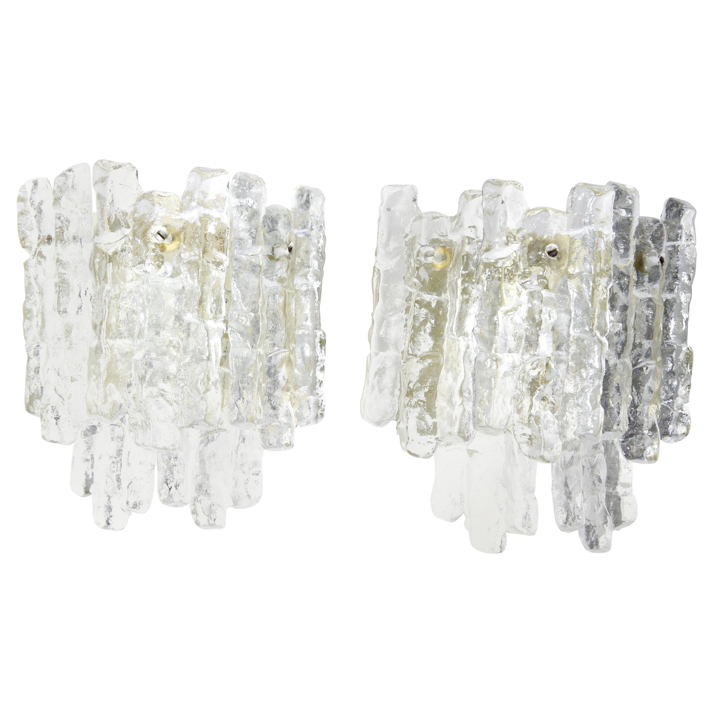 Pair of Large Kalmar Wall Lights Ice Glass, 1970s, Vienna, Austria For Sale