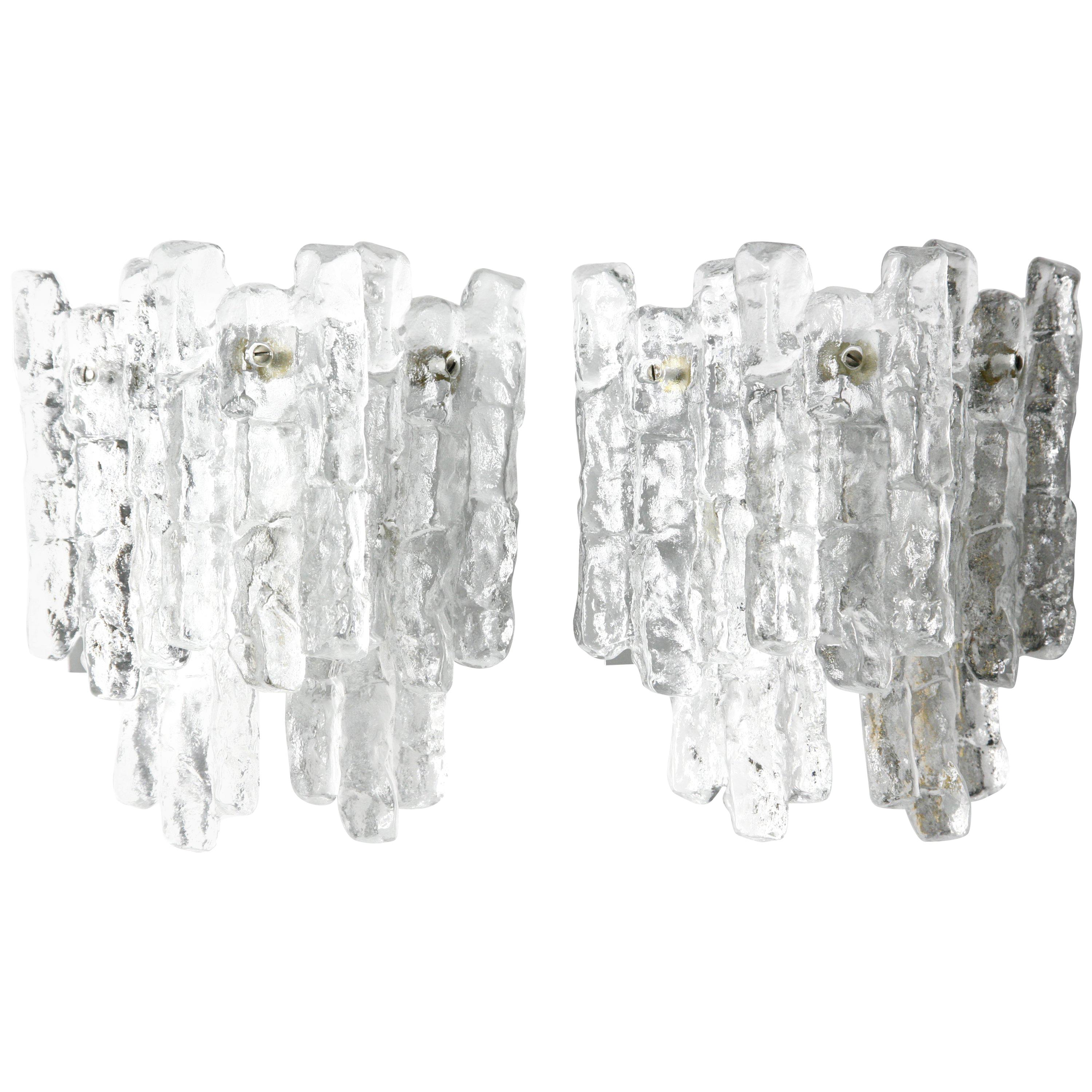 Pair of Large Kalmar Wall Lights Ice Glass, Vienna Austria, 1970s For Sale