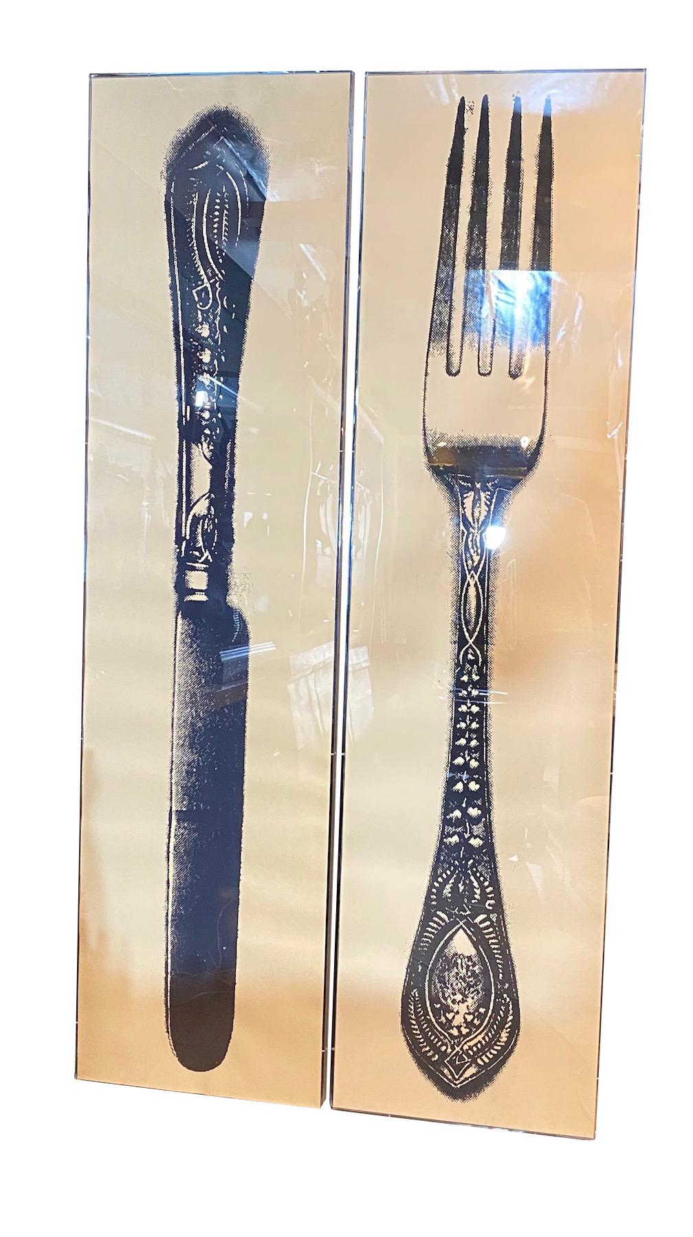 Pair of Large Knife & Fork Lithographs in Acrylic Frames  Dimensions Height: 87
