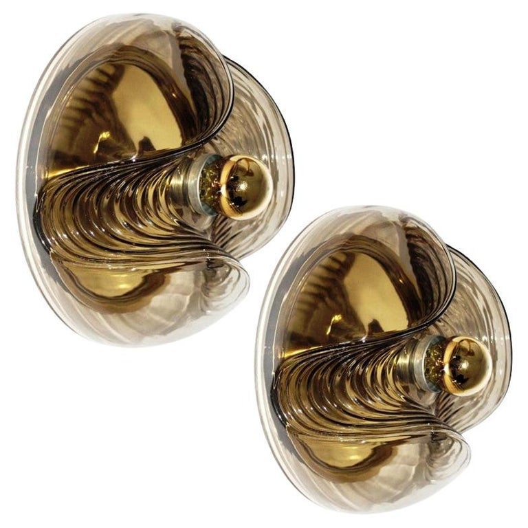 Pair Of Large Koch and Lowy Smoked Glass Wall Sconces/Flush by Peill  Putzler For Sale at 1stDibs