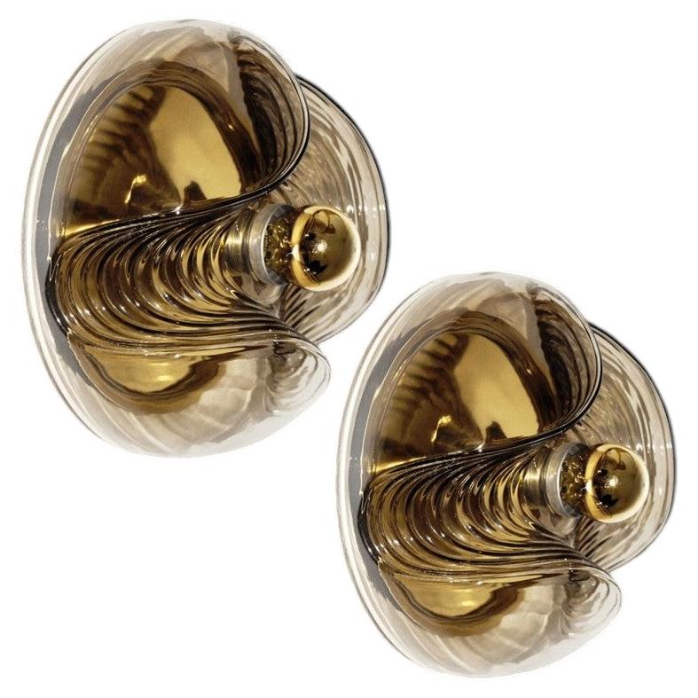 Pair Of Large Koch and Lowy Smoked Glass Wall Sconces/Flush by Peill Putzler For Sale