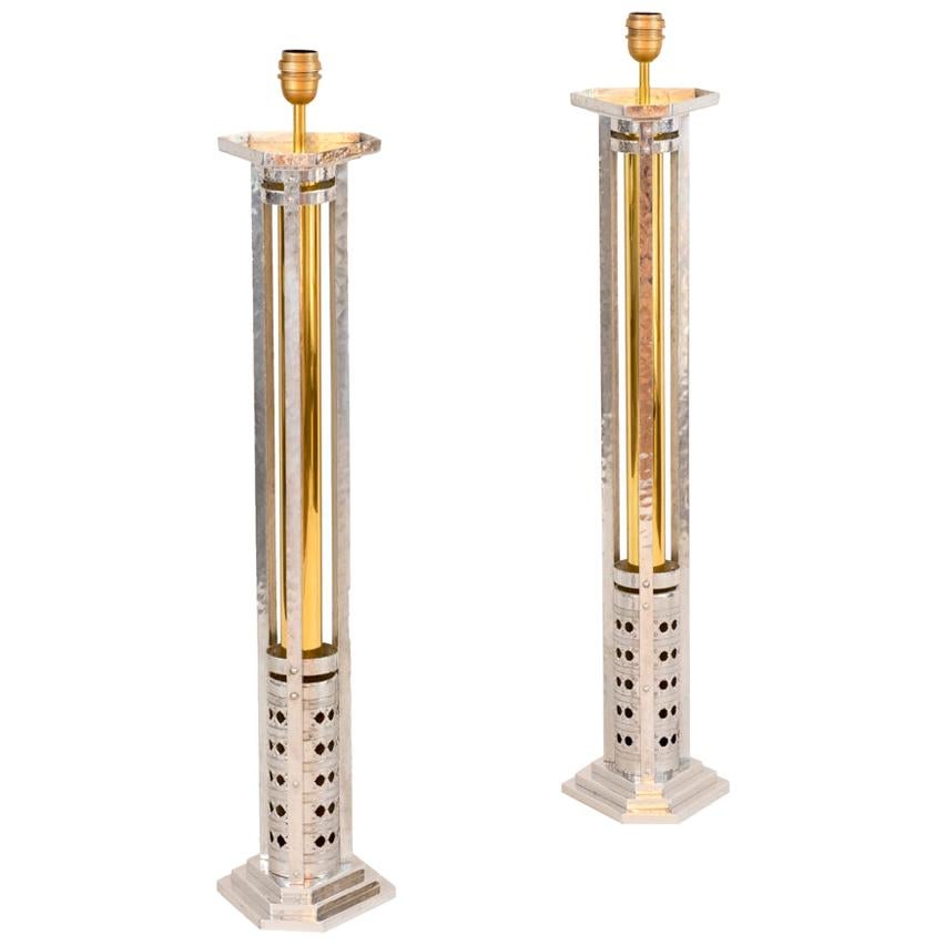 Pair of Large Lamps in Cast Aluminium and Gilt Bronze, 1970s For Sale
