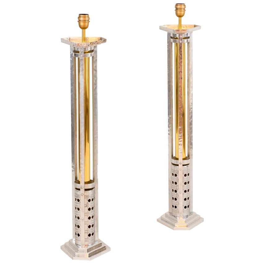 Pair of Large Lamps in Cast Aluminium and Gilt Bronze, 1970s