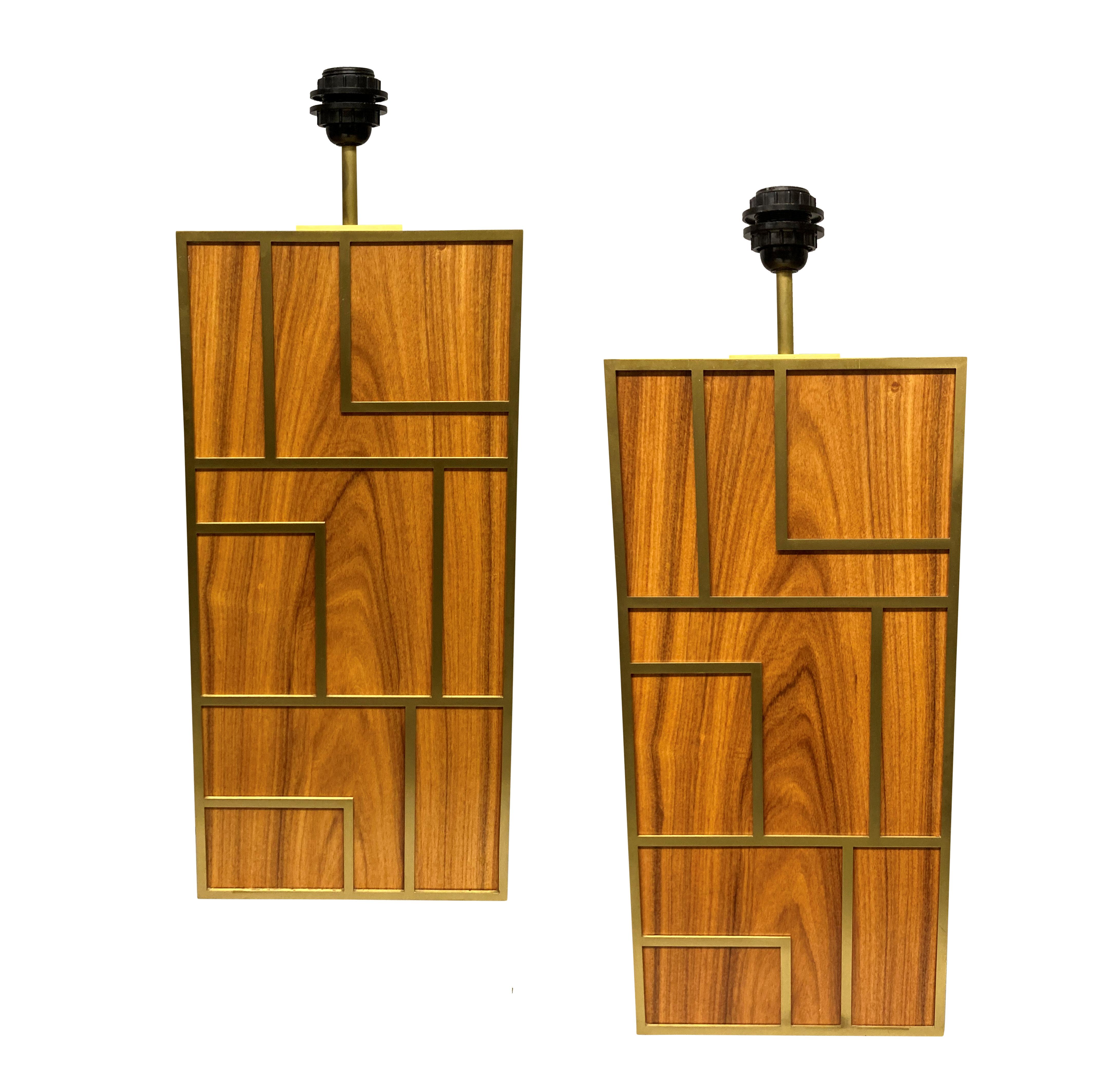 Pair Of Large Lamps In Teak & Brushed Brass For Sale 1
