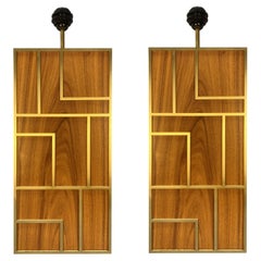 Pair Of Large Lamps In Teak & Brushed Brass