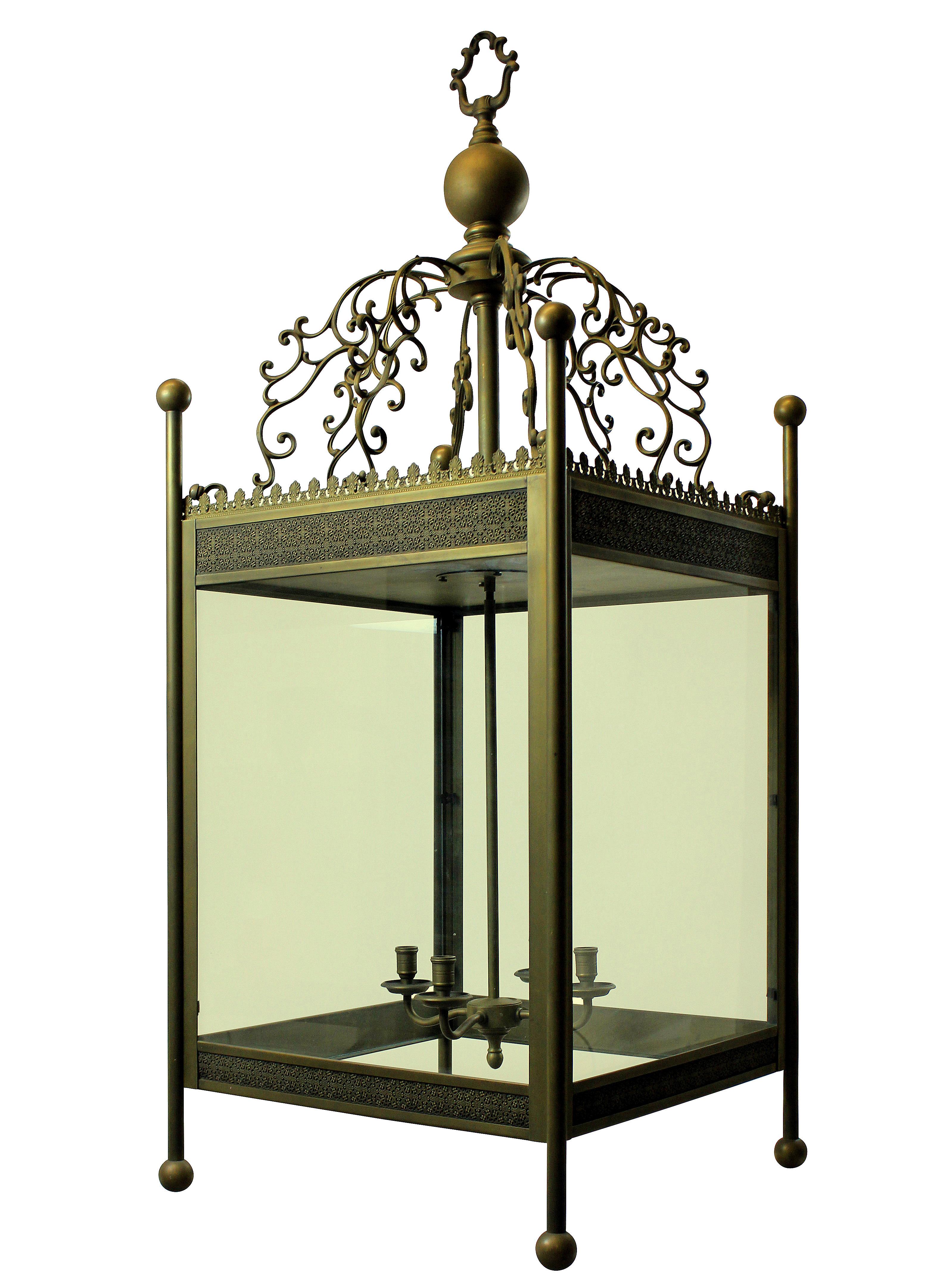 A pair of large brass lanterns designed for the St Pancras Hotel, formerly Sir Gilbert Scott's midland grand. This pair of lanterns were the only two not used in the project and are unique examples of a Gothic or Moorish design with provenance.