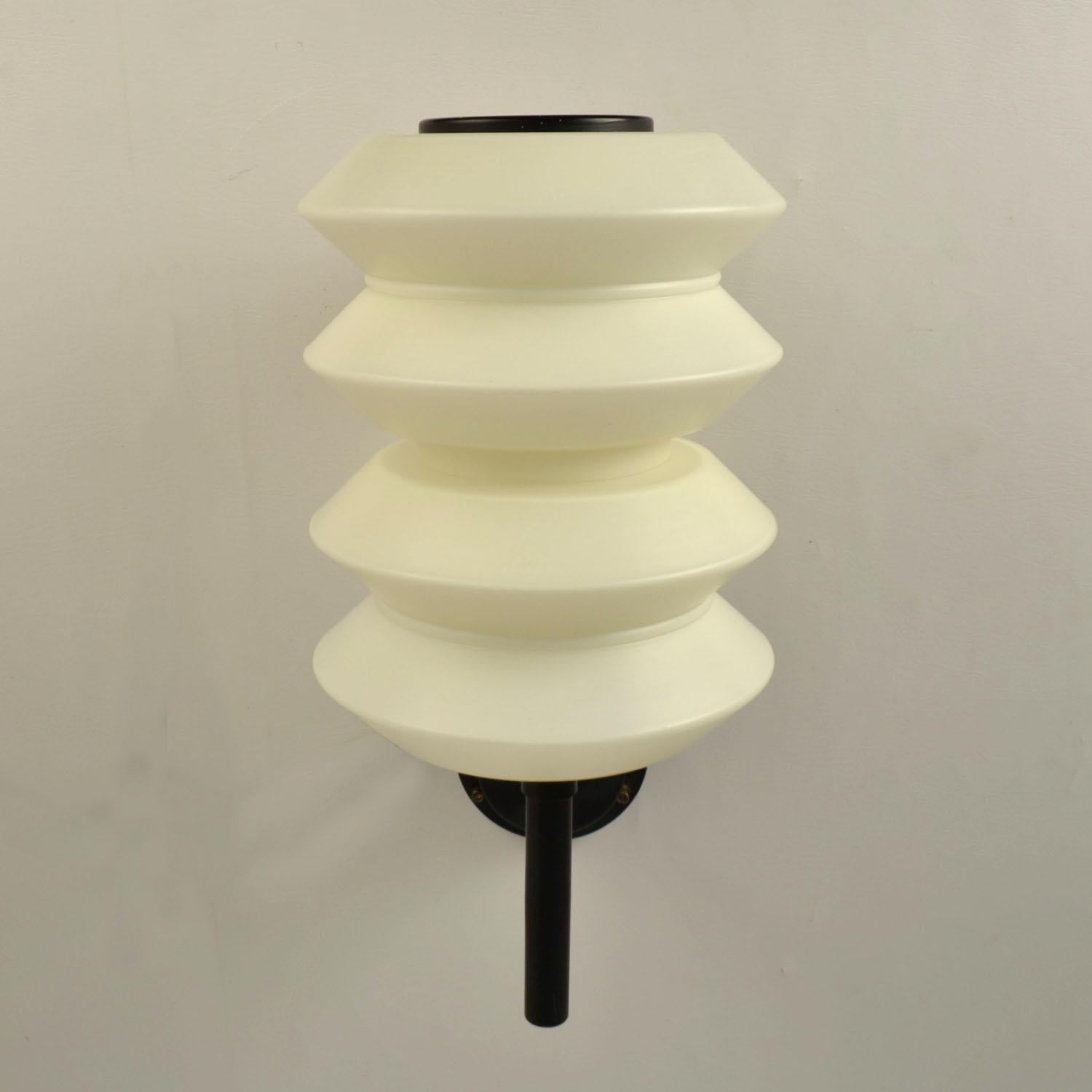 Pair of Large lanterns or Wall Lights opaline glass on black frames att to Raak For Sale 4