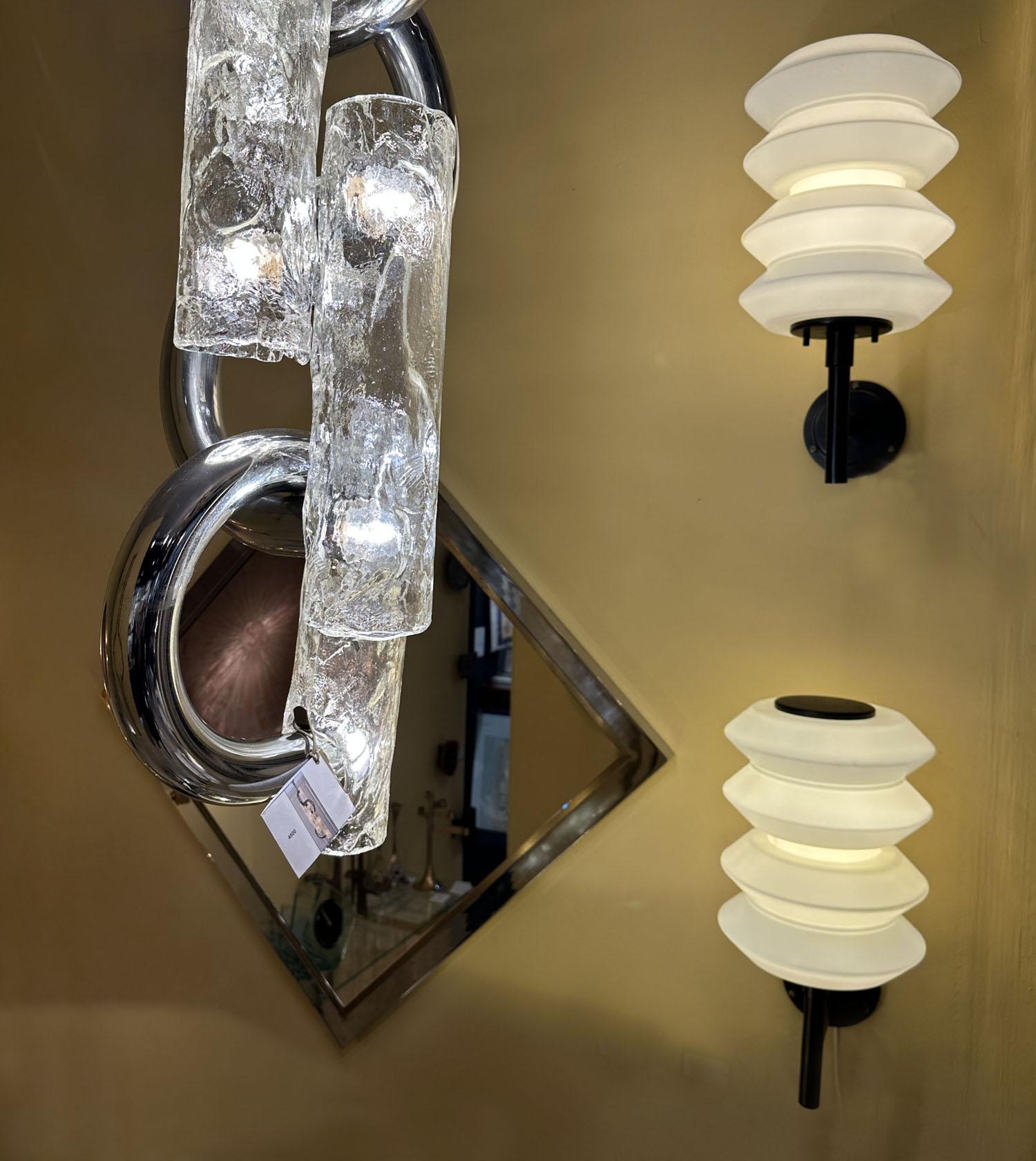 Pair of Large lanterns or Wall Lights opaline glass on black frames att to Raak For Sale 5