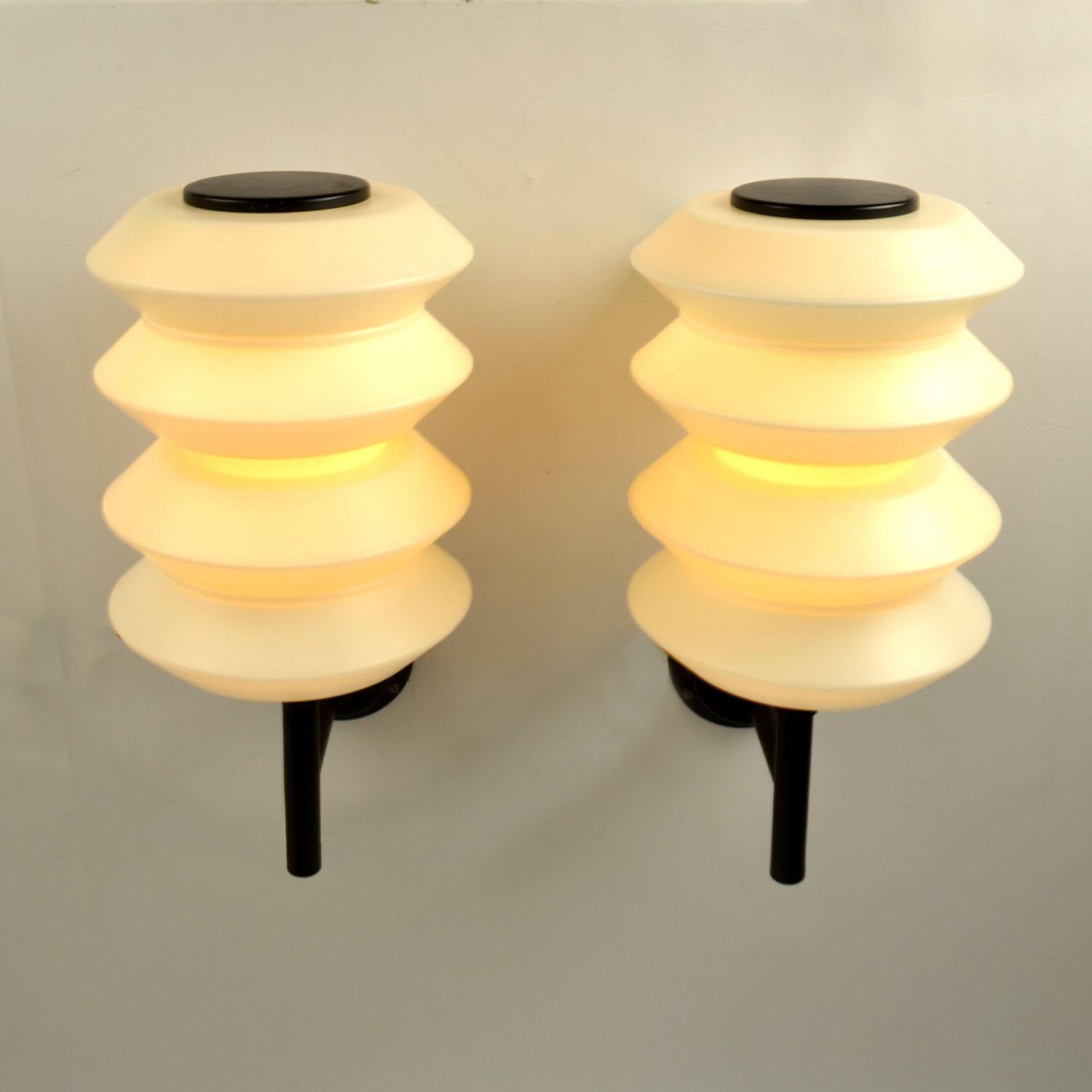 Dutch Pair of Large lanterns or Wall Lights opaline glass on black frames att to Raak For Sale