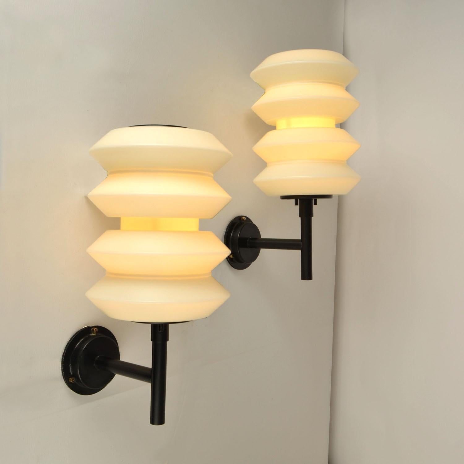 Pair of Large lanterns or Wall Lights opaline glass on black frames att to Raak In Excellent Condition For Sale In London, GB