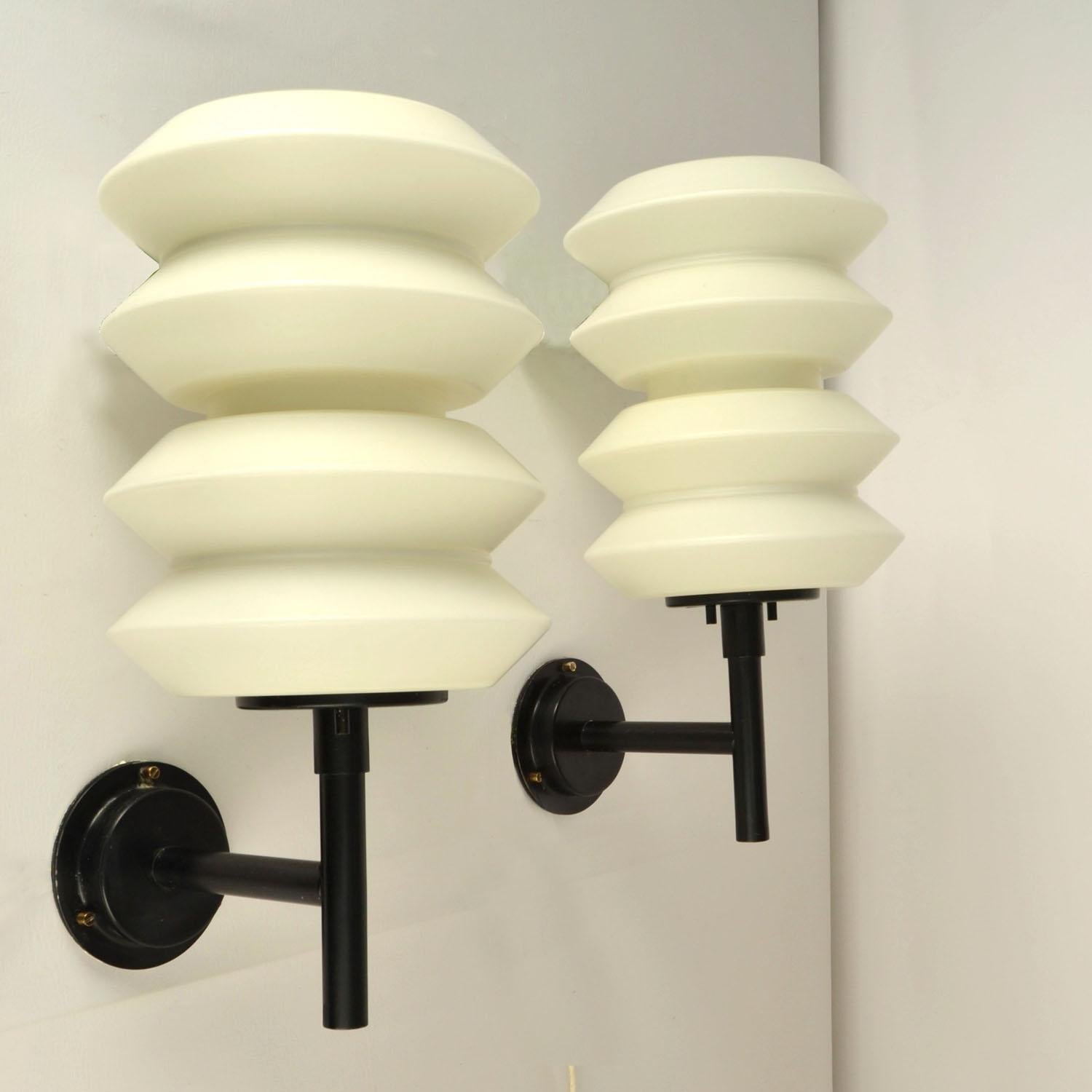 Metal Pair of Large lanterns or Wall Lights opaline glass on black frames att to Raak For Sale
