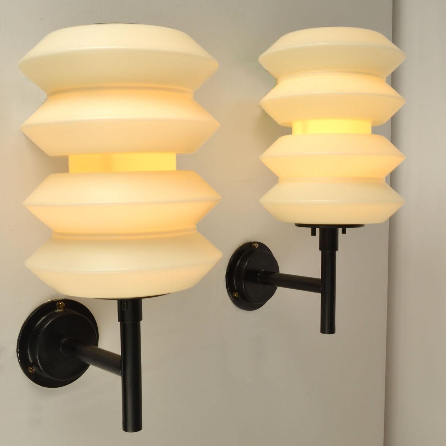 Pair of Large lanterns or Wall Lights opaline glass on black frames att to Raak For Sale 1