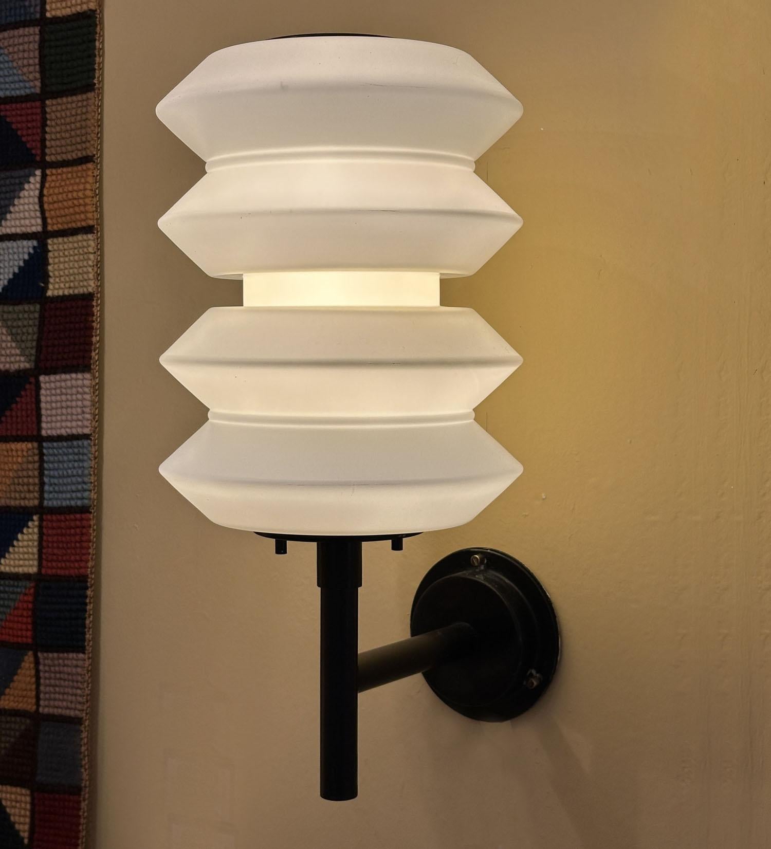 Pair of Large lanterns or Wall Lights opaline glass on black frames att to Raak For Sale 2