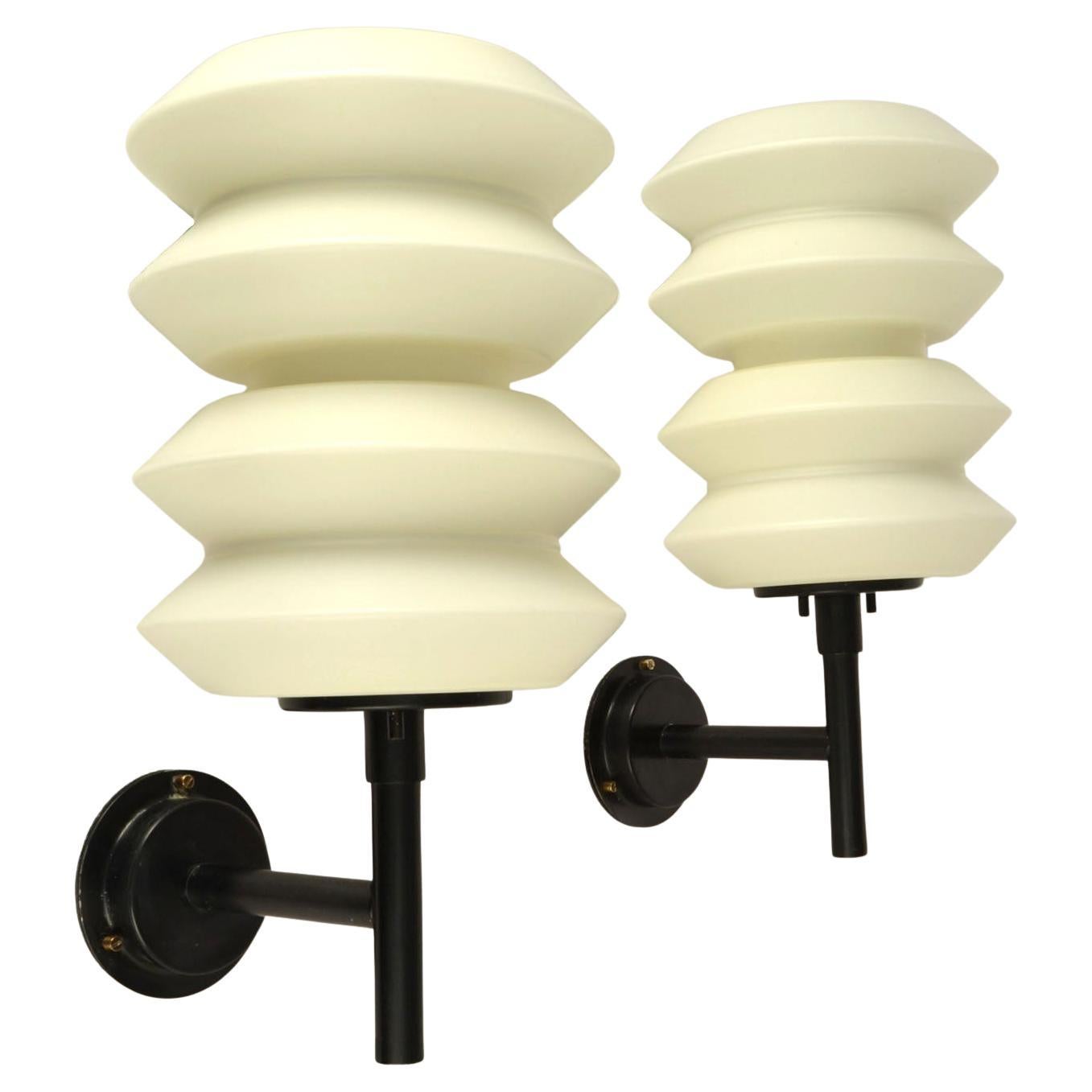 Pair of Large lanterns or Wall Lights opaline glass on black frames att to Raak For Sale