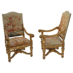 Pair of Large Late 19th Century French Neoclassical Gilded Walnut Armchairs