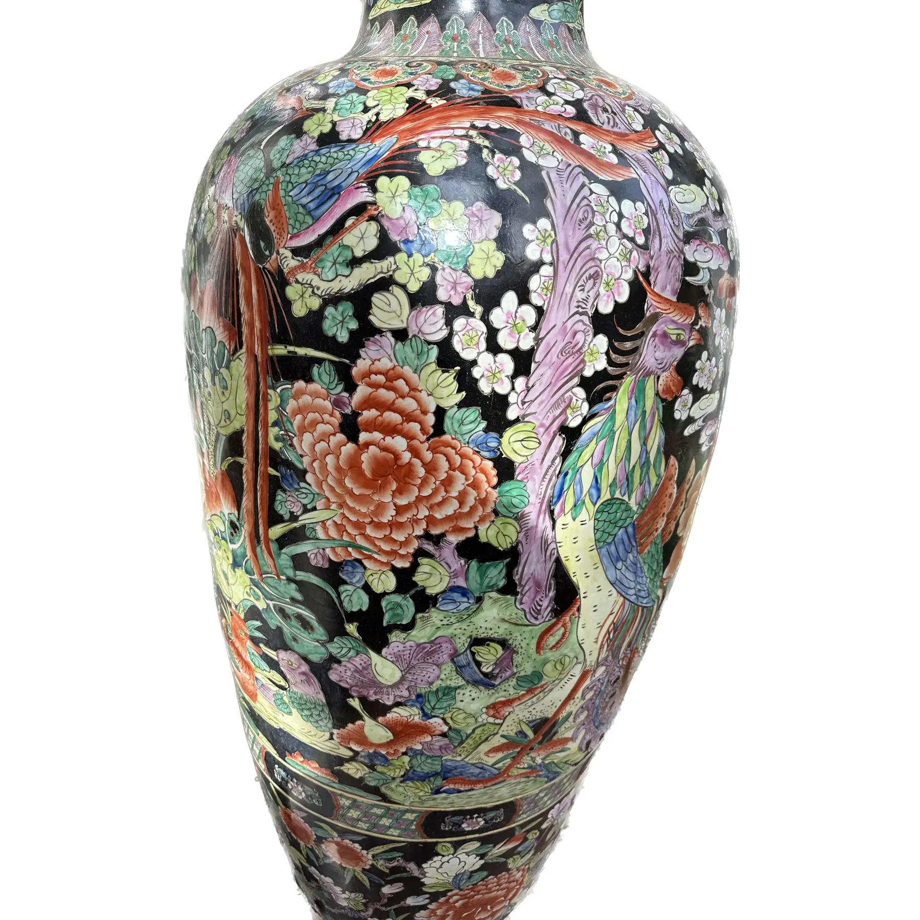 Glazed Pair of Large Late 20th Century Blackground Chinese Urns For Sale