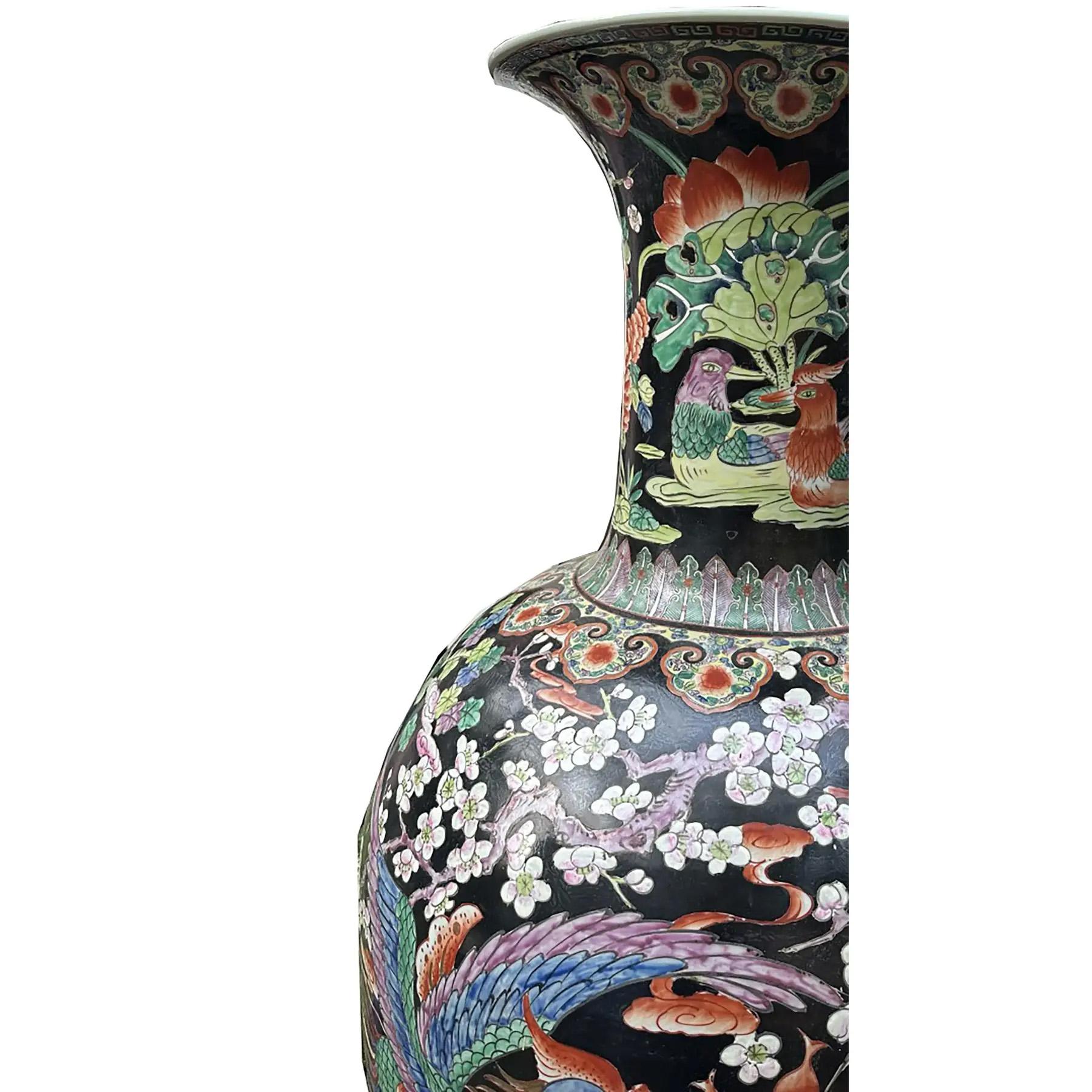 Pair of Large Late 20th Century Blackground Chinese Urns In Good Condition For Sale In Dallas, TX