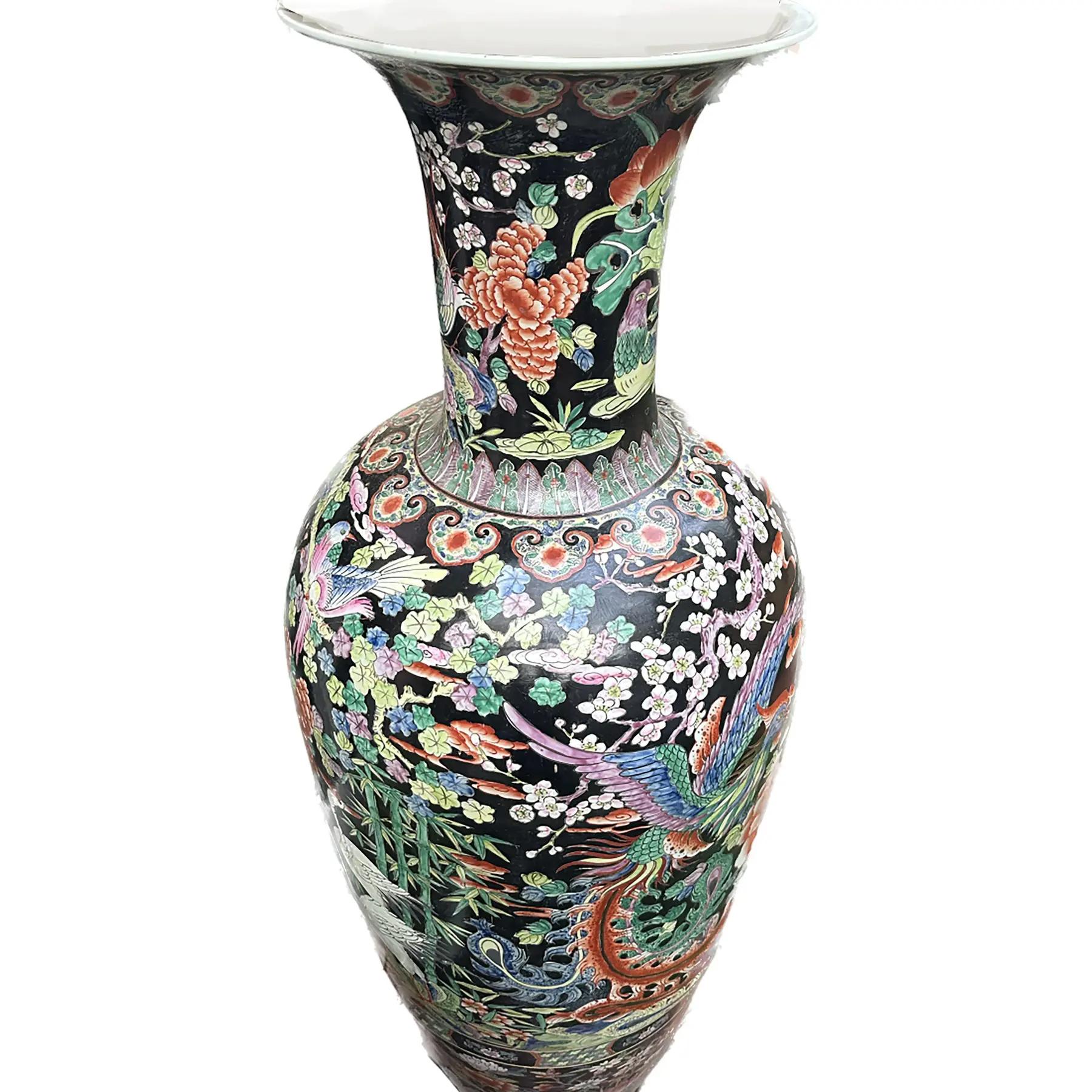 Porcelain Pair of Large Late 20th Century Blackground Chinese Urns For Sale