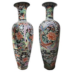 Pair of Large Late 20th Century Blackground Chinese Urns