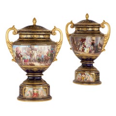 Antique Pair of Large Lidded Royal Vienna Porcelain Vases 