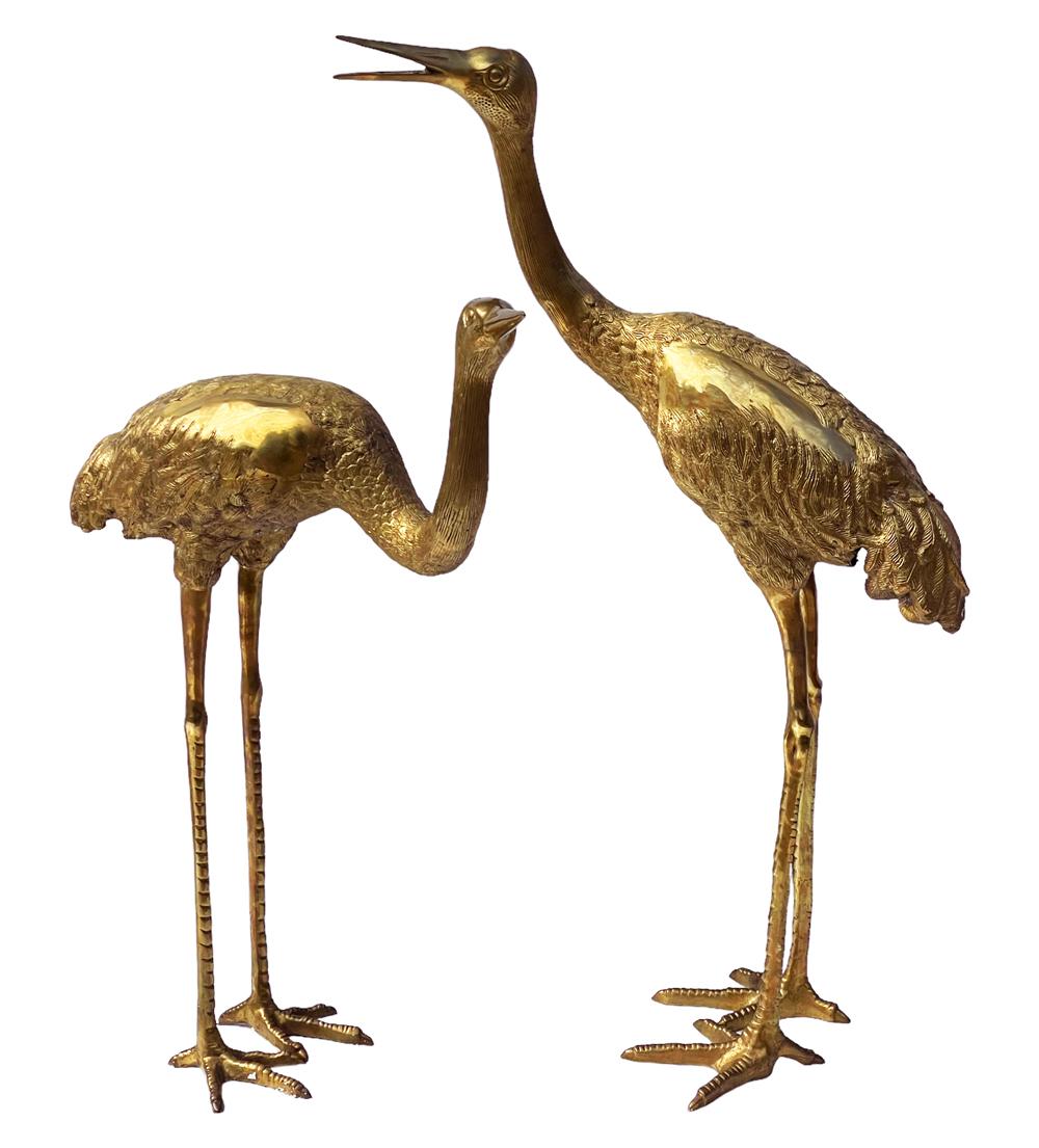 Late 20th Century Pair of Large Life Size Hollywood Regency Brass Heron Sculptures or Statues For Sale