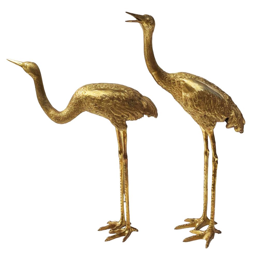 Pair of Large Life Size Hollywood Regency Brass Heron Sculptures or Statues For Sale 1