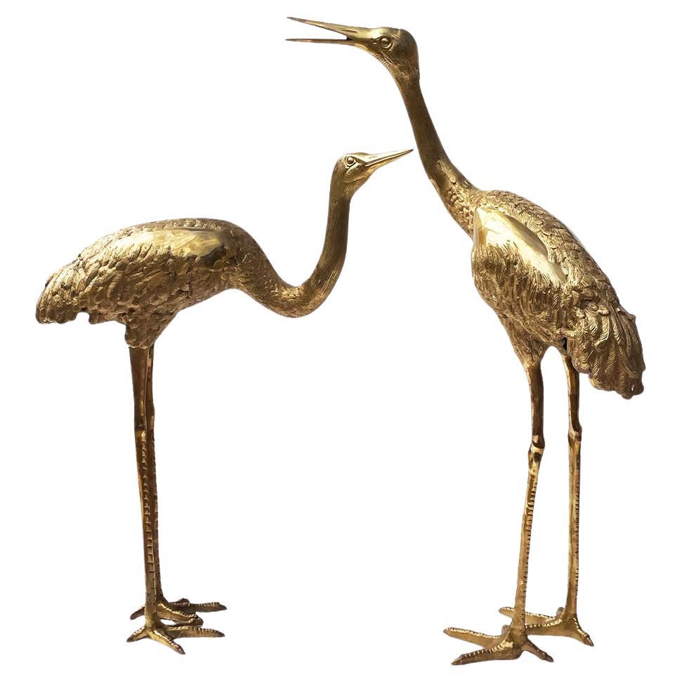 Pair of Large Life Size Hollywood Regency Brass Heron Sculptures or Statues For Sale