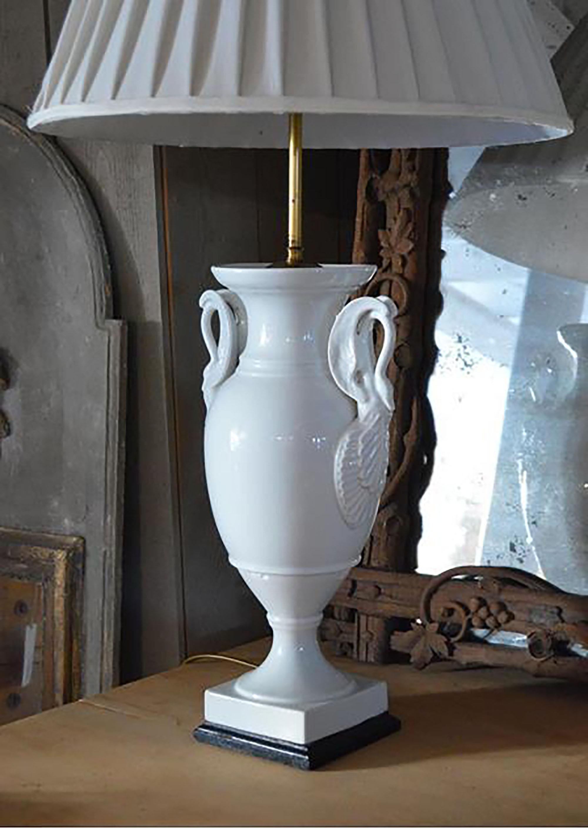 Pair of Large Limoges White Porcelain Neoclassical Urn Swan Table Lamps For Sale 2