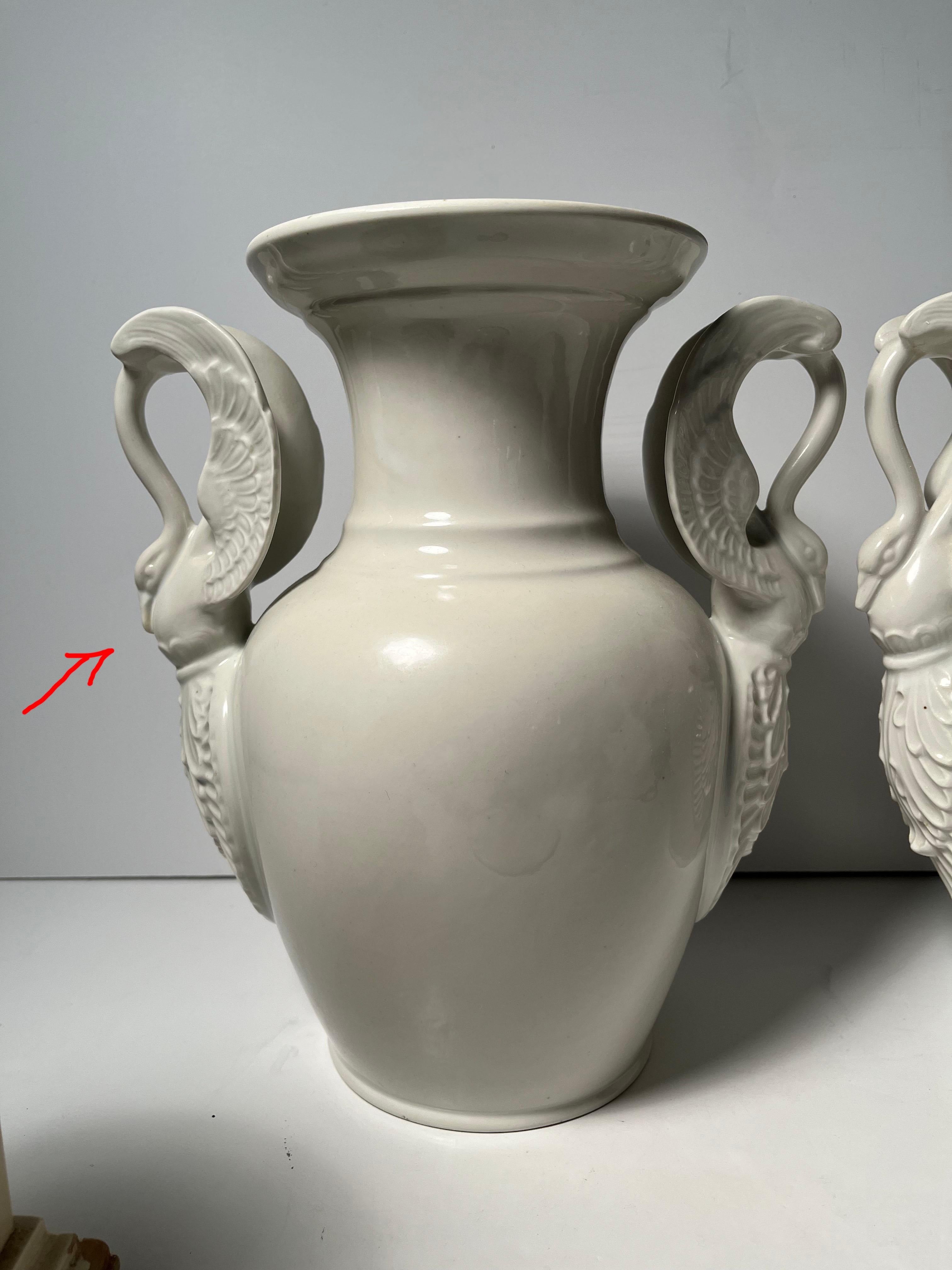 Pair of Large Limoges White Porcelain Neoclassical Urn Swan Table Lamps For Sale 3