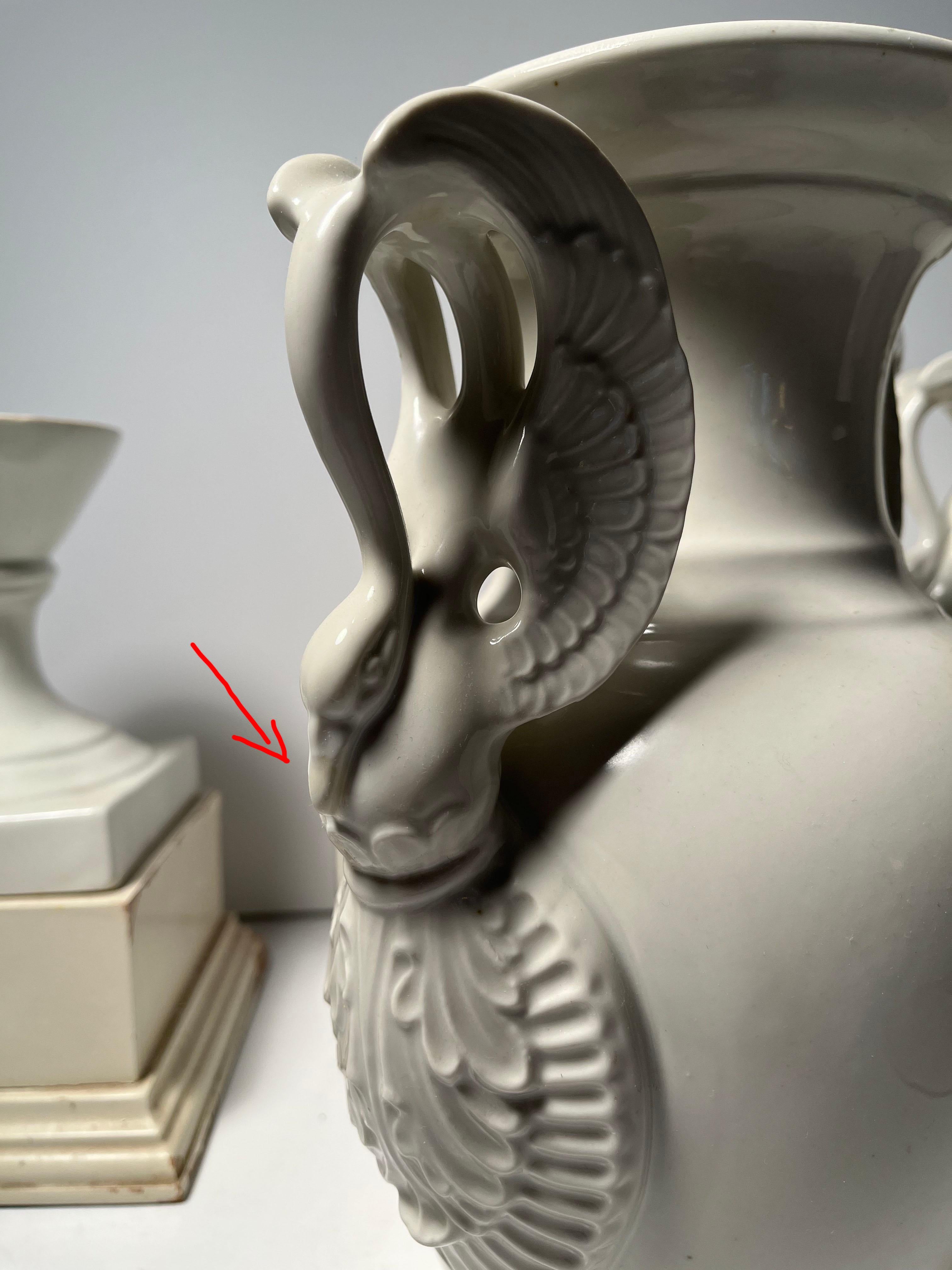 Pair of Large Limoges White Porcelain Neoclassical Urn Swan Table Lamps For Sale 4