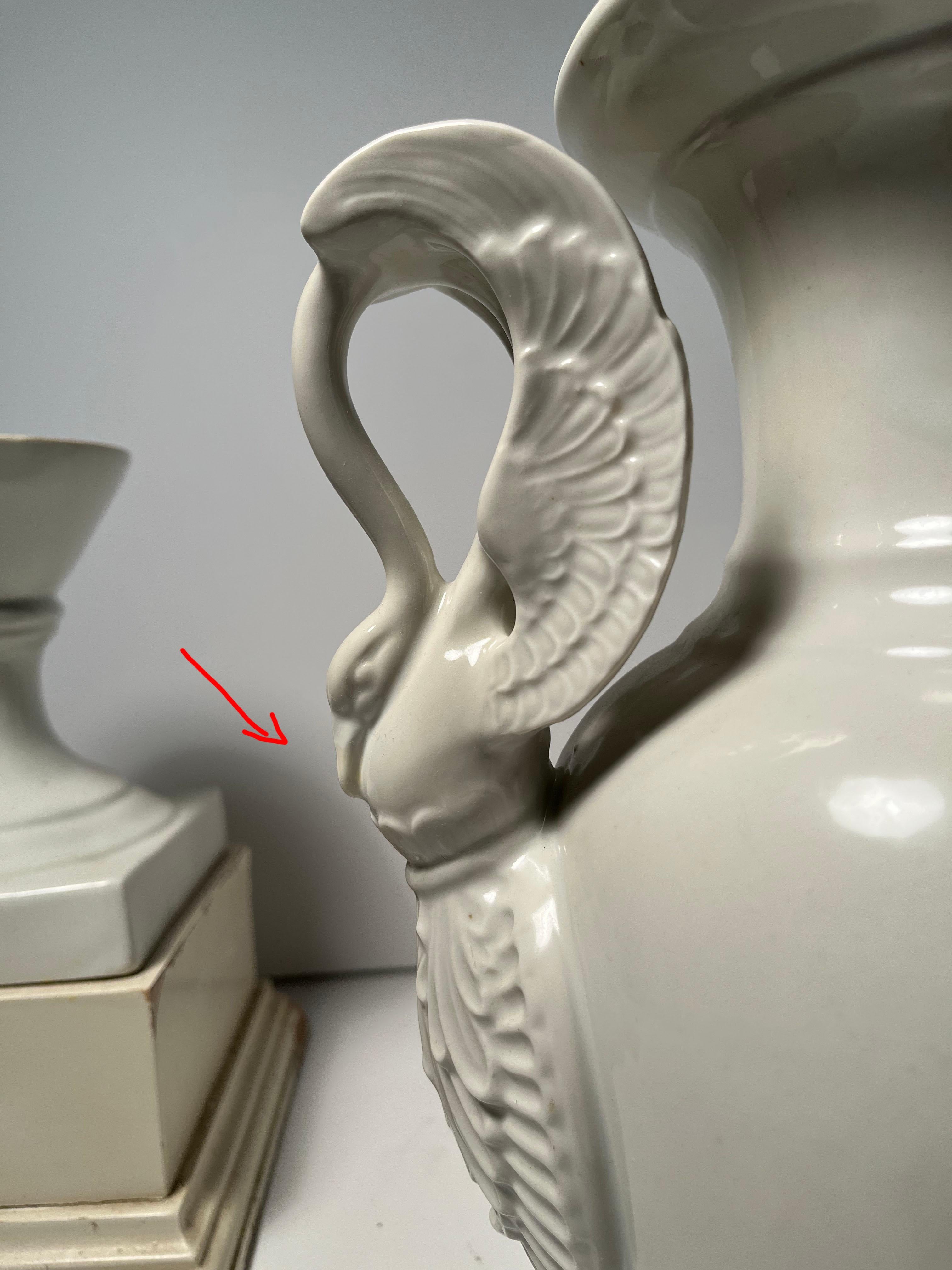Pair of Large Limoges White Porcelain Neoclassical Urn Swan Table Lamps For Sale 5