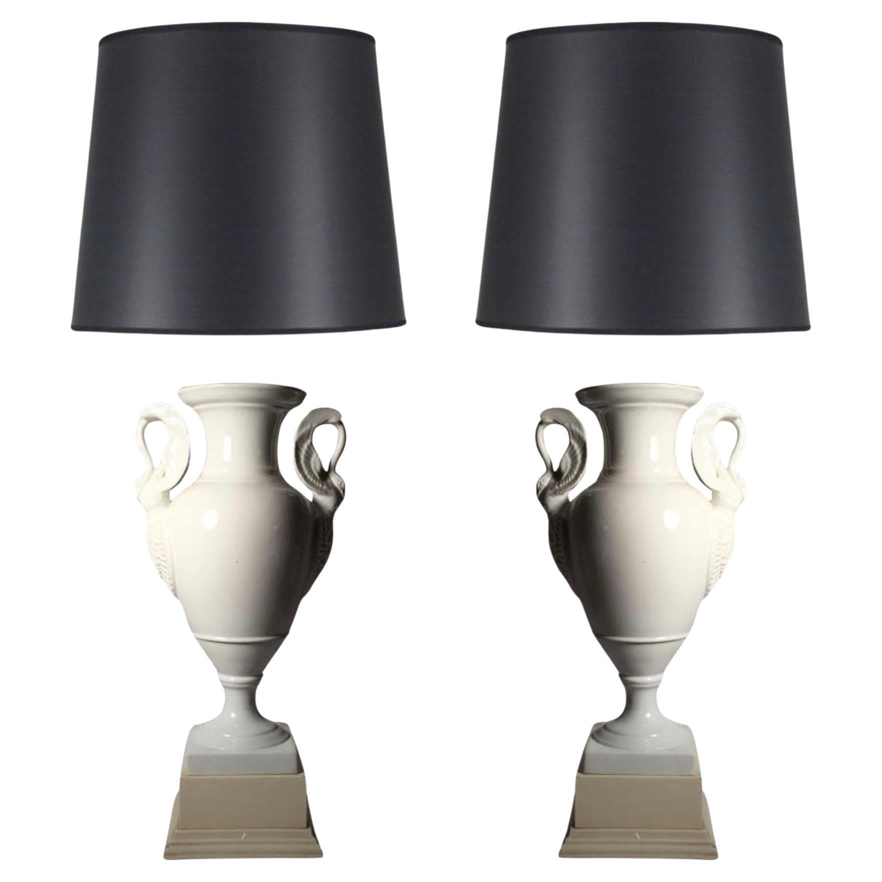 Pair of Large Limoges White Porcelain Neoclassical Urn Swan Table Lamps