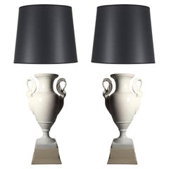 Pair of Large Limoges White Porcelain Neoclassical Urn Swan Table Lamps