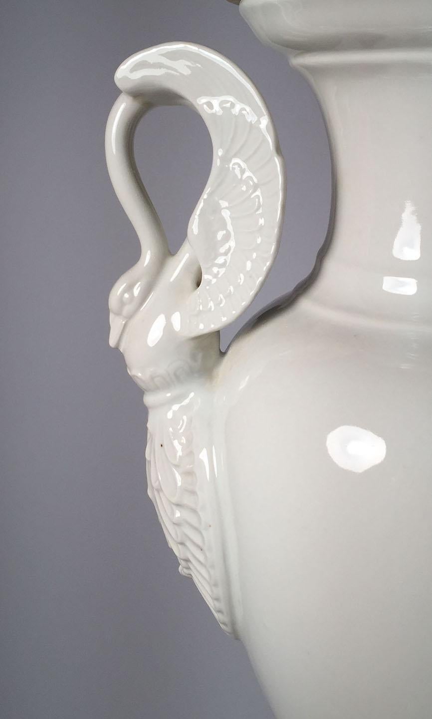 French Pair of Large Limoges White Porcelain Neoclassical Urn Swan Table Lamps For Sale