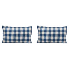Pair of Large Linen Pillow Cushions - Carreaux Indigo pattern - Made in Paris