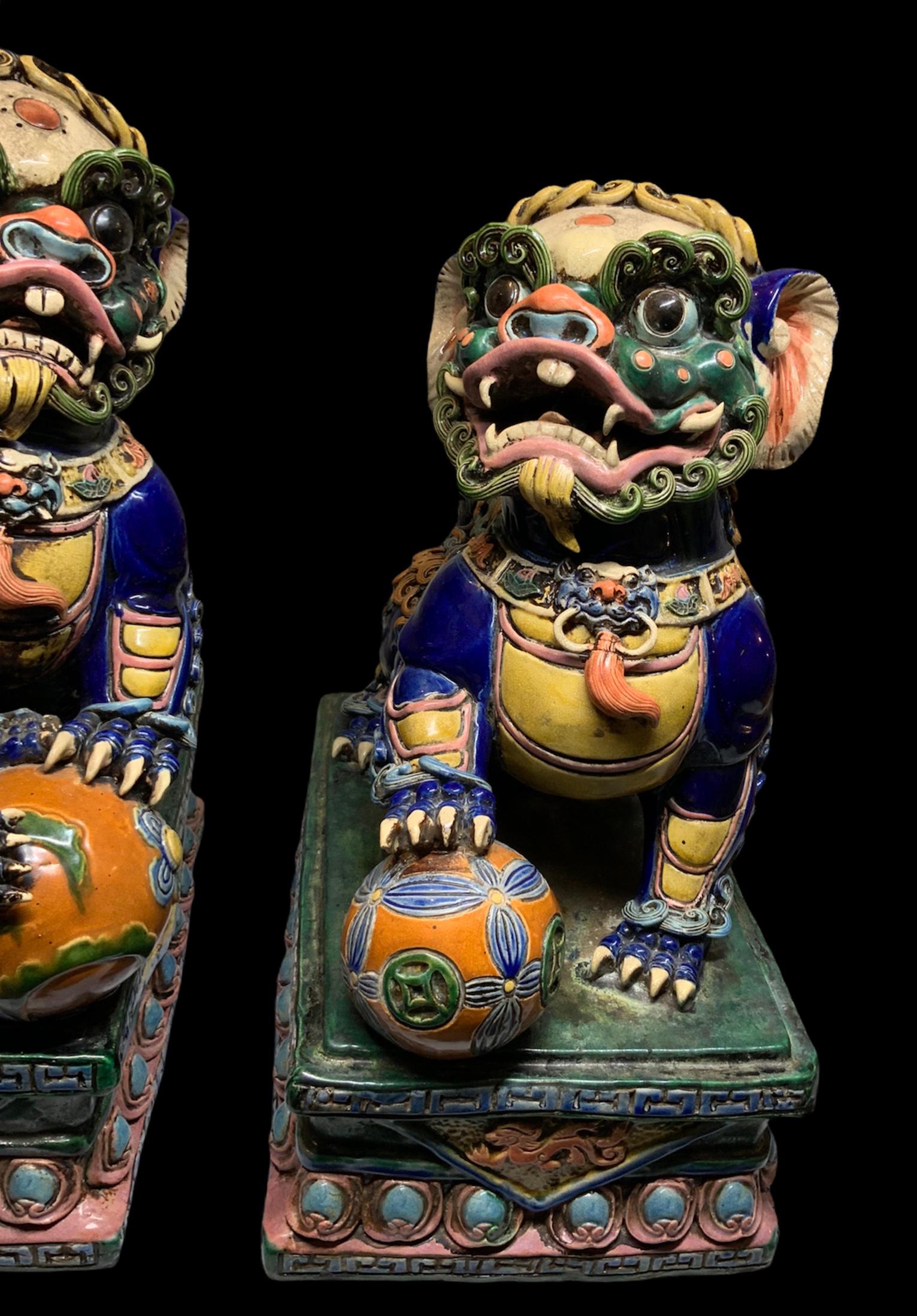 Pair of Large Lively Buddha’s Lions / Foo Dogs Ceramic Sculptures 4