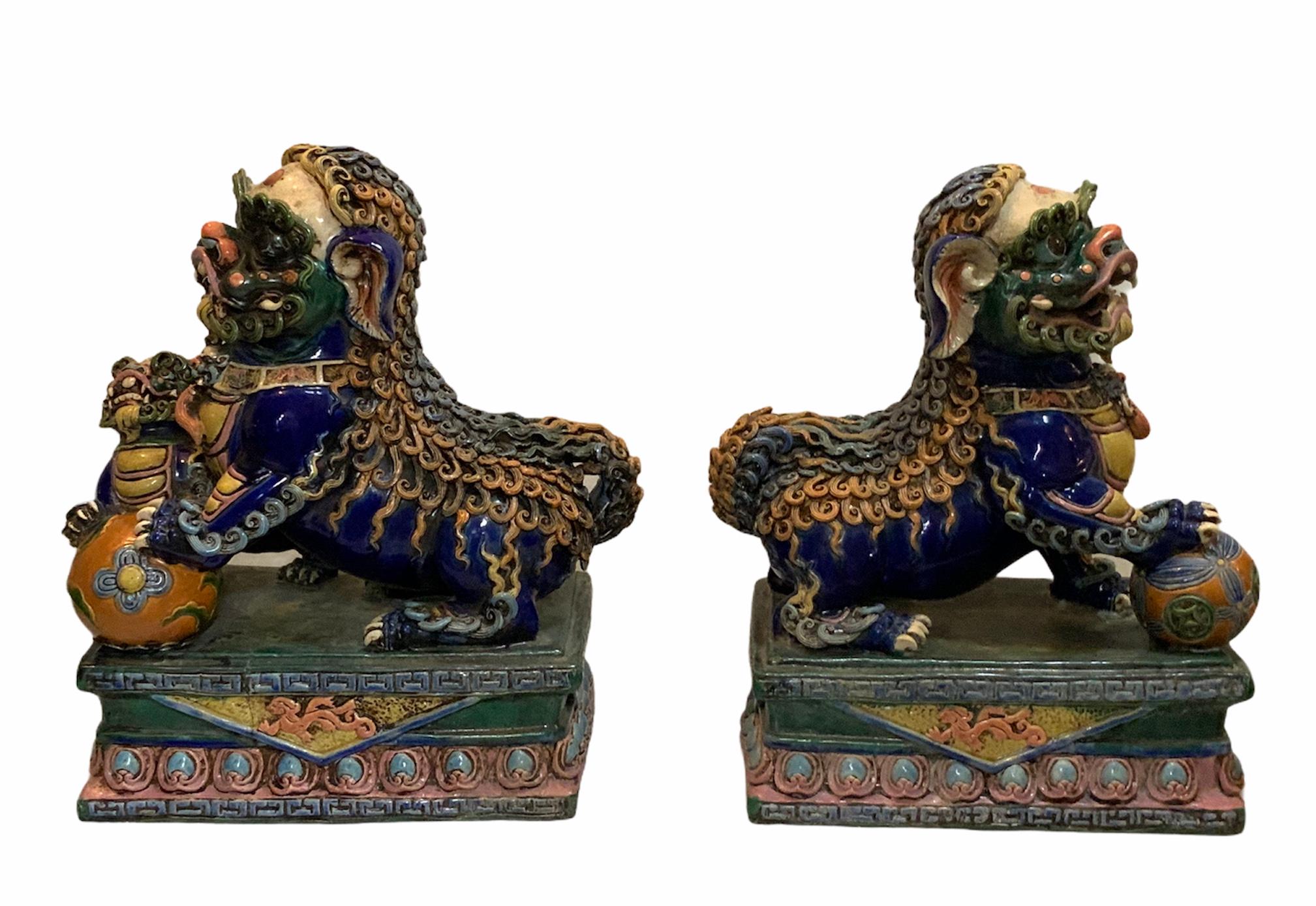 Pair of Large Lively Buddha’s Lions / Foo Dogs Ceramic Sculptures 5