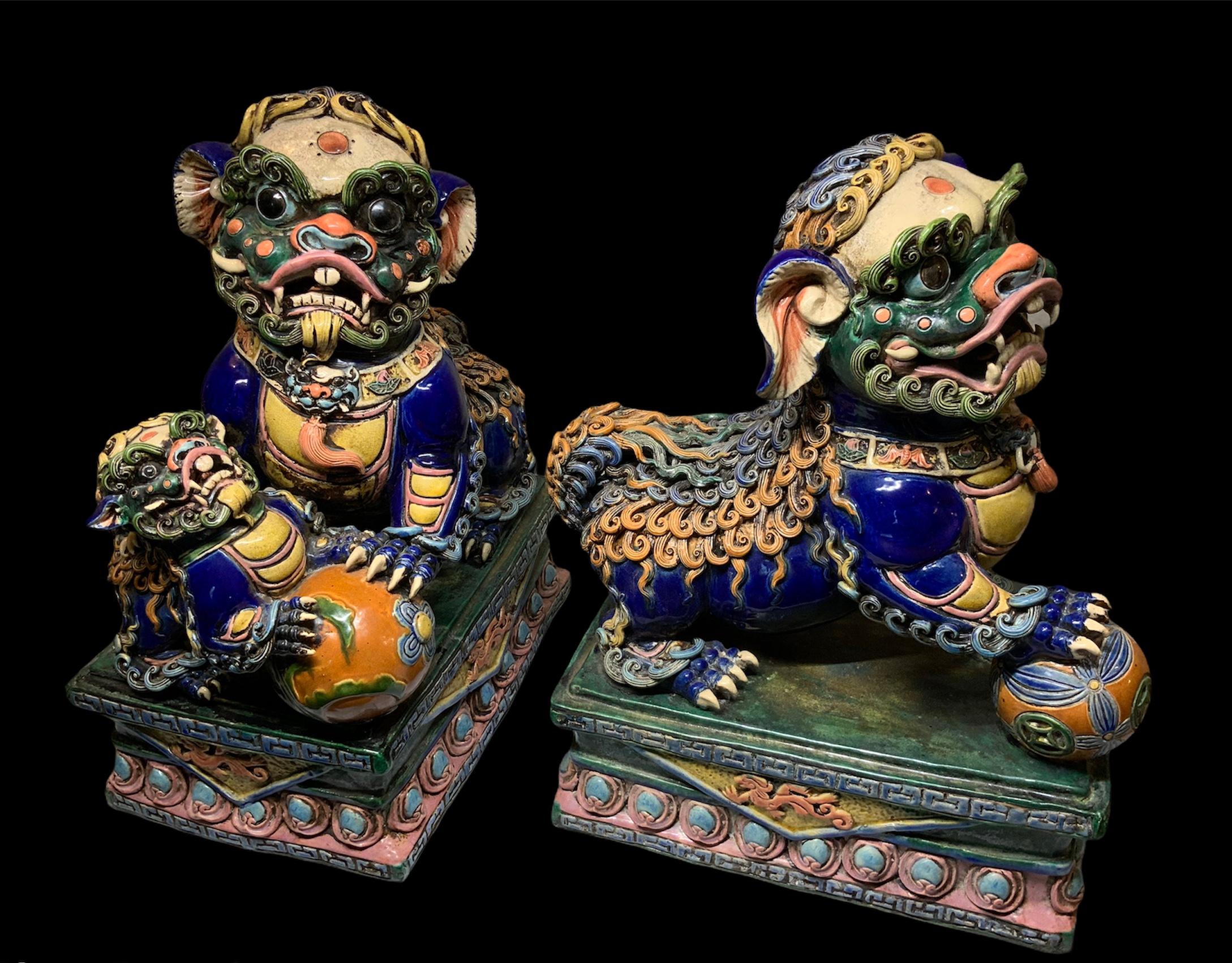 Pair of Large Lively Buddha’s Lions / Foo Dogs Ceramic Sculptures 2