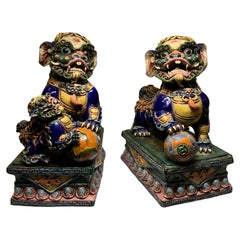 Pair of Large Lively Buddha’s Lions / Foo Dogs Ceramic Sculptures