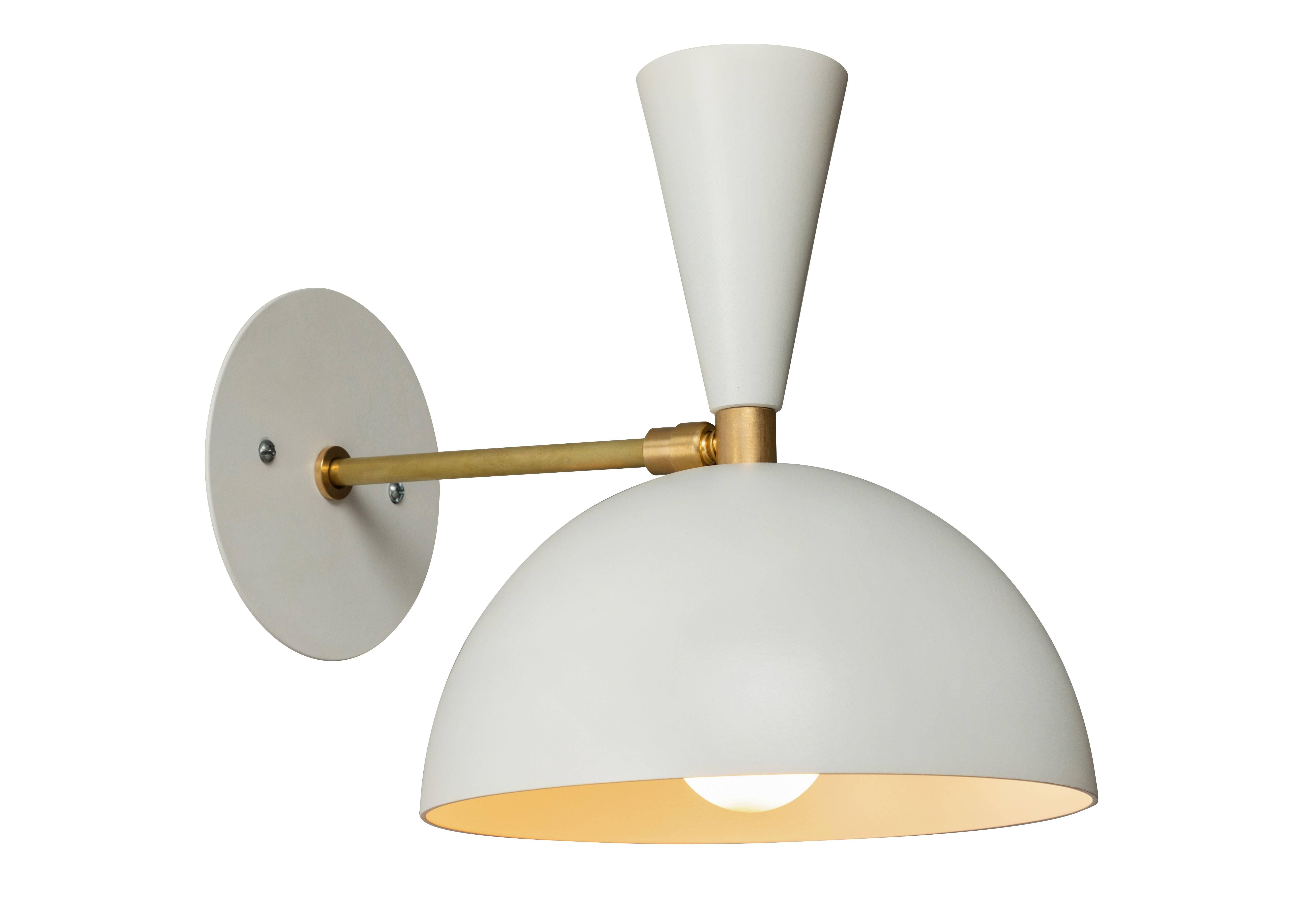 Pair of 'Lola' brass and metal adjustable sconces in white. 

Hand-fabricated by Los Angeles based designer and lighting professional Alvaro Benitez, these highly refined sconces are reminiscent of the iconic midcentury Italian designs of Arteluce