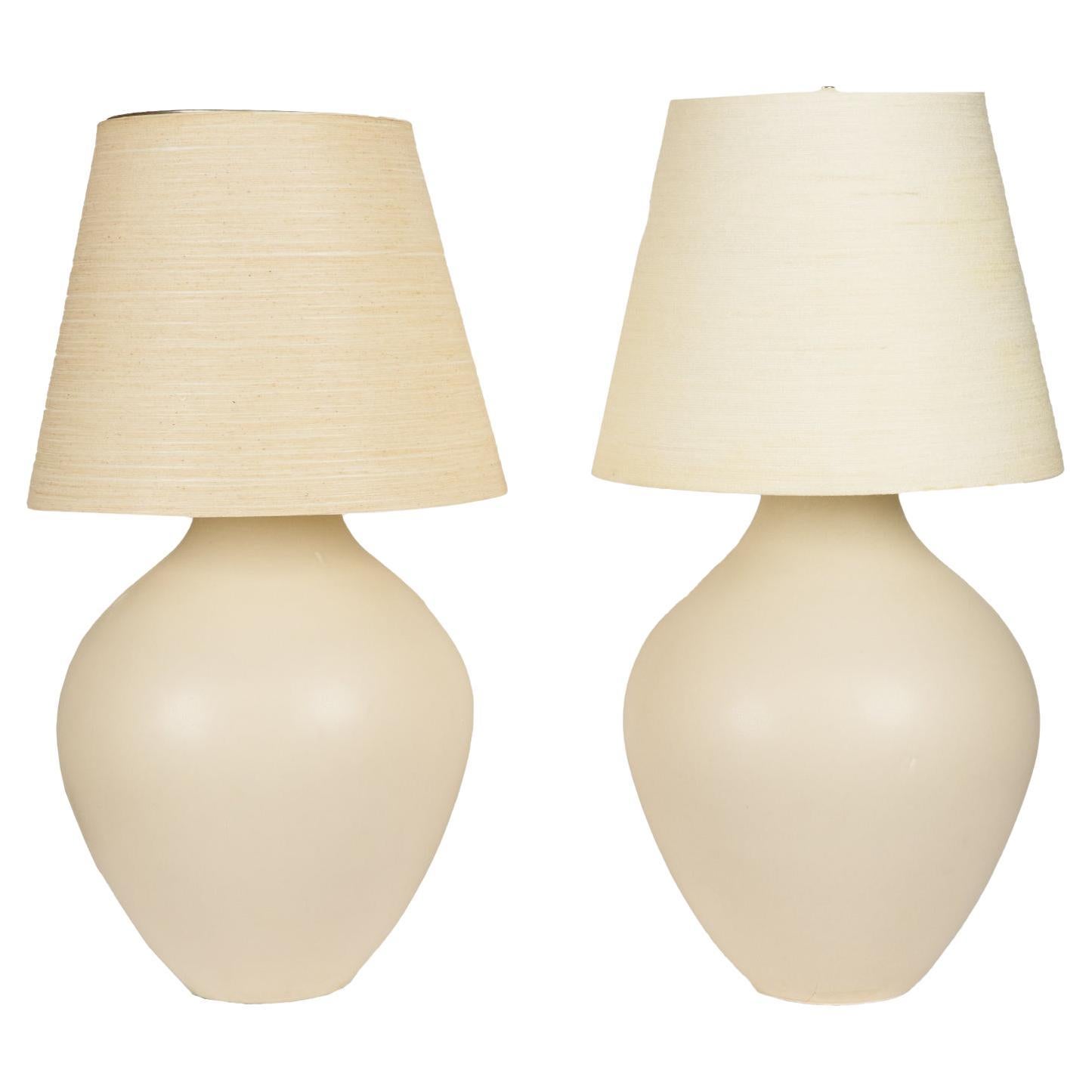 Pair of Large Lotte and Gunnar Bostlund Off White ceramic Table Lamps