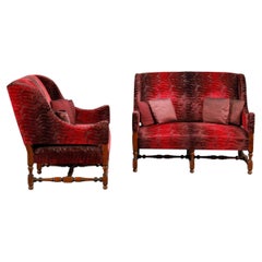 Paar große Sofas im Louis XIII-Stil aus burgunderrotem Samt