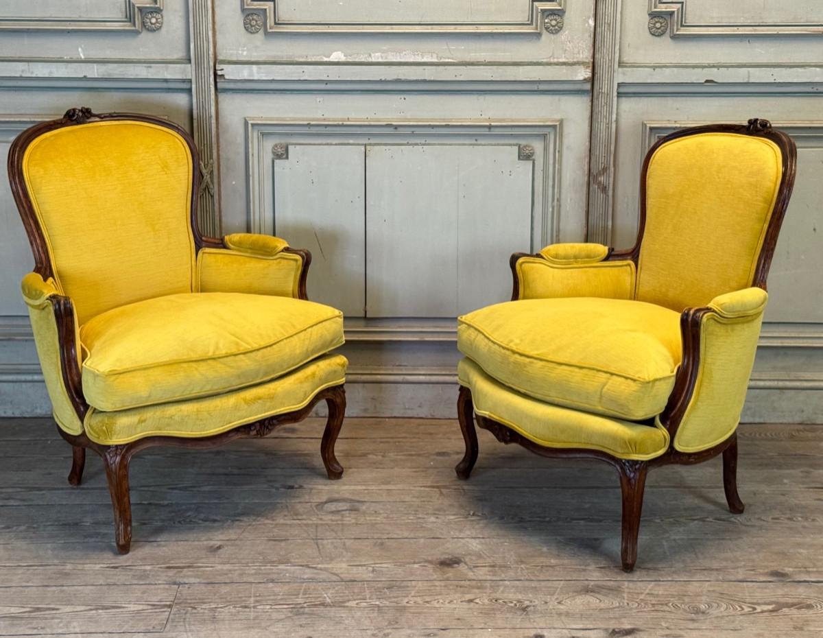 Coppia di grandi poltrone bergère Luigi XV, timbrate da François Foliot in vendita 1