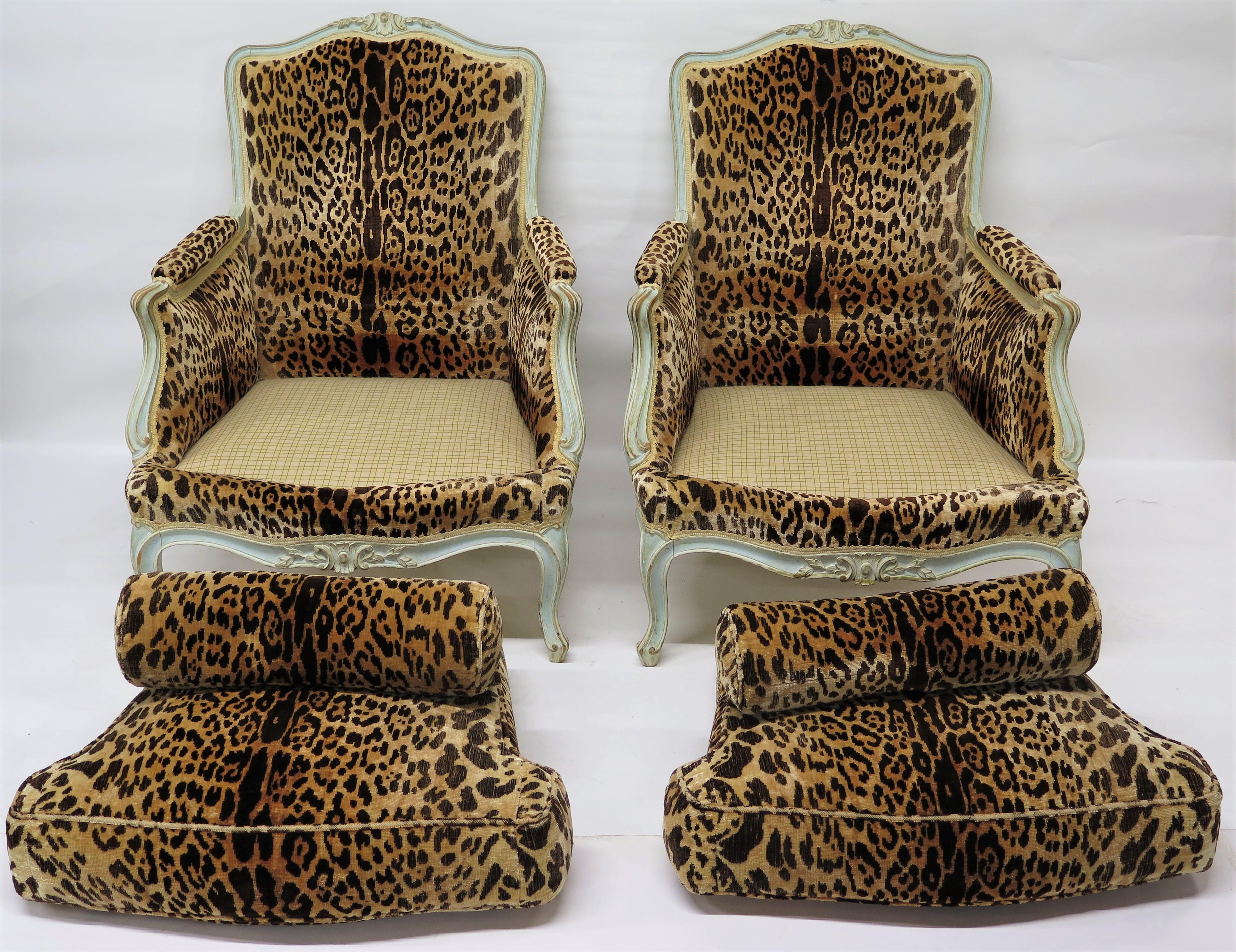 Pair of Large Louis XV-Style Bergères in Vintage Leopard Silk Velvet 4