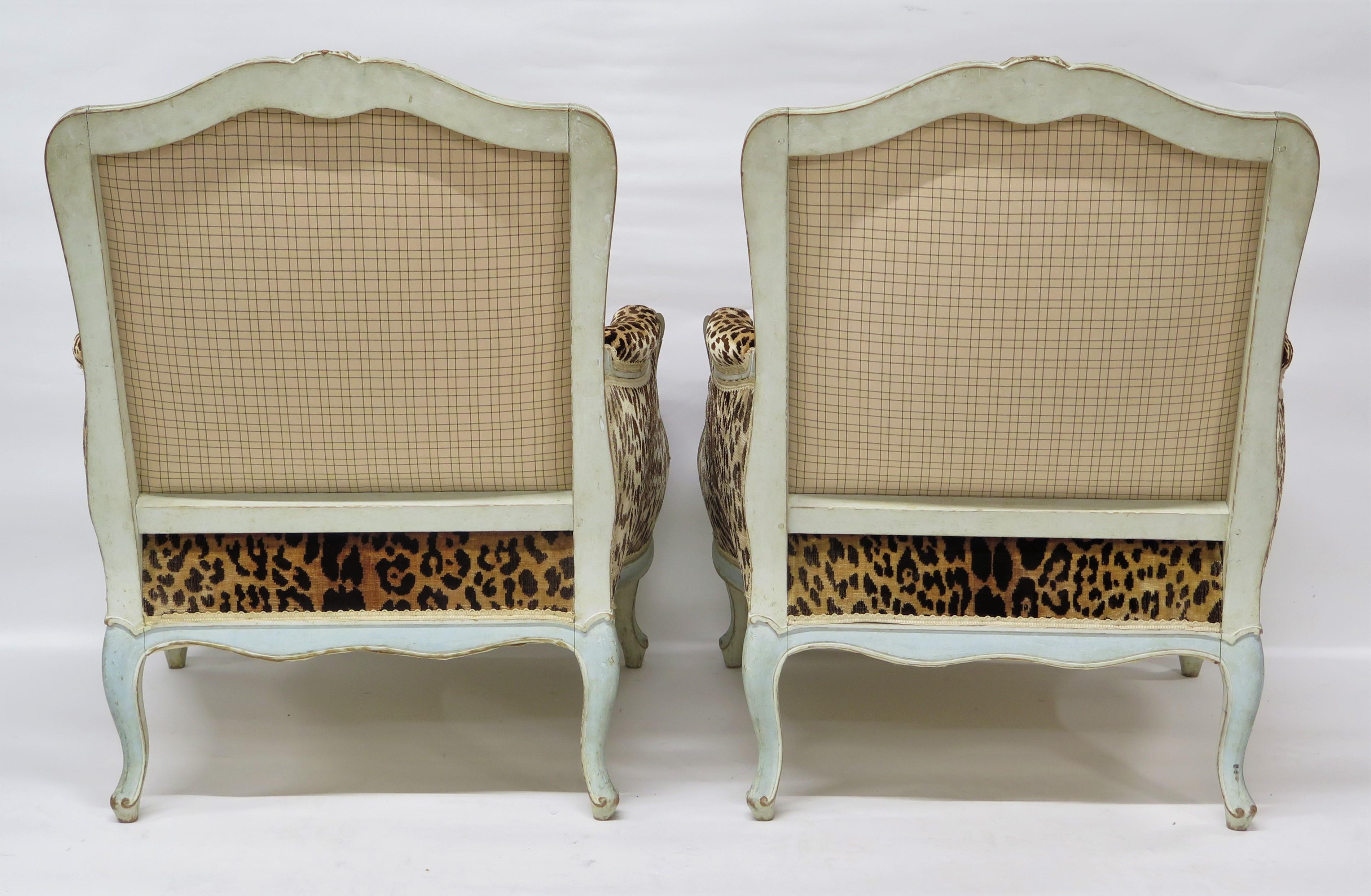 Pair of Large Louis XV-Style Bergères in Vintage Leopard Silk Velvet 9