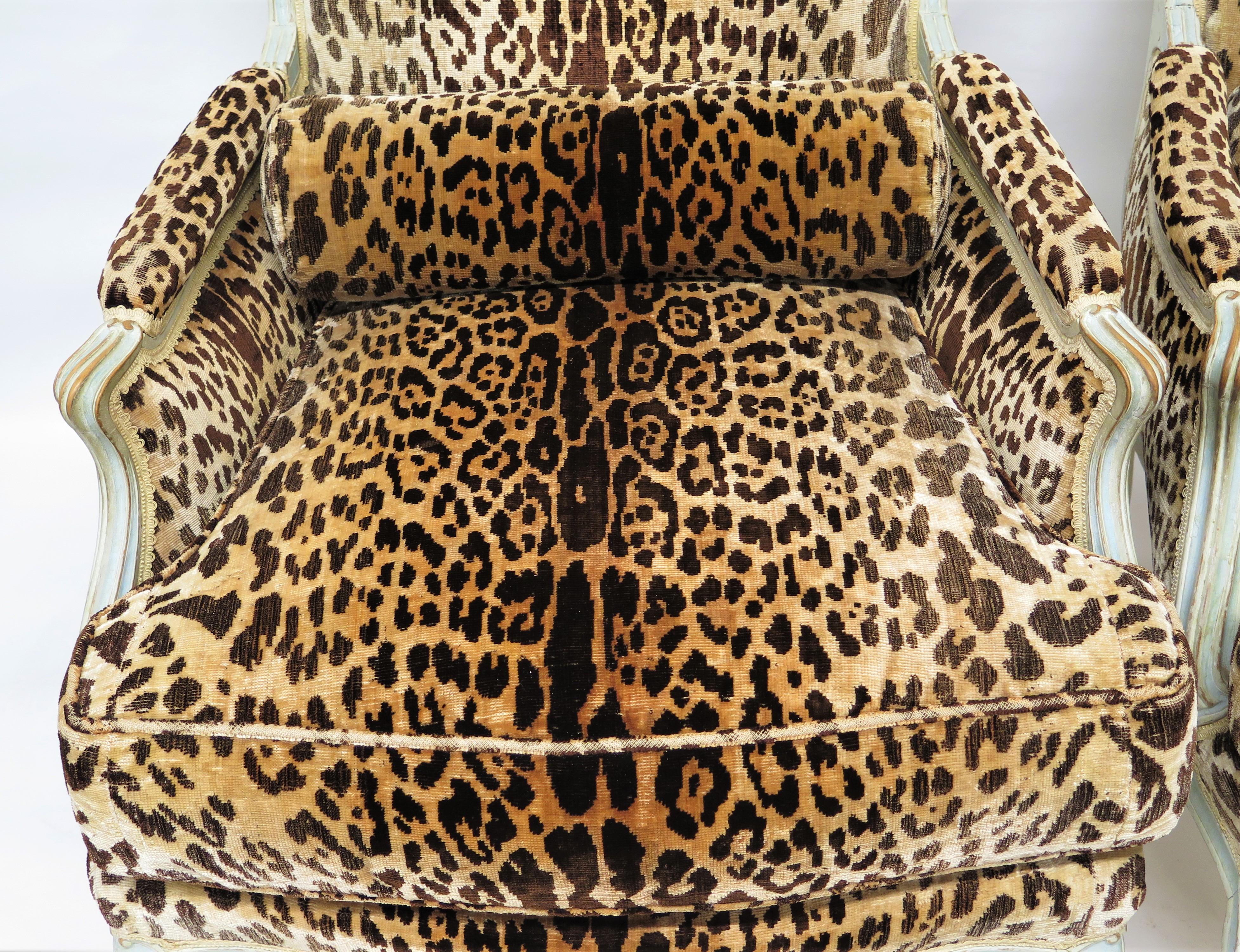 Hand-Painted Pair of Large Louis XV-Style Bergères in Vintage Leopard Silk Velvet