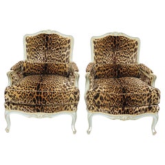 Pair of Large Louis XV-Style Bergères in Vintage Leopard Silk Velvet