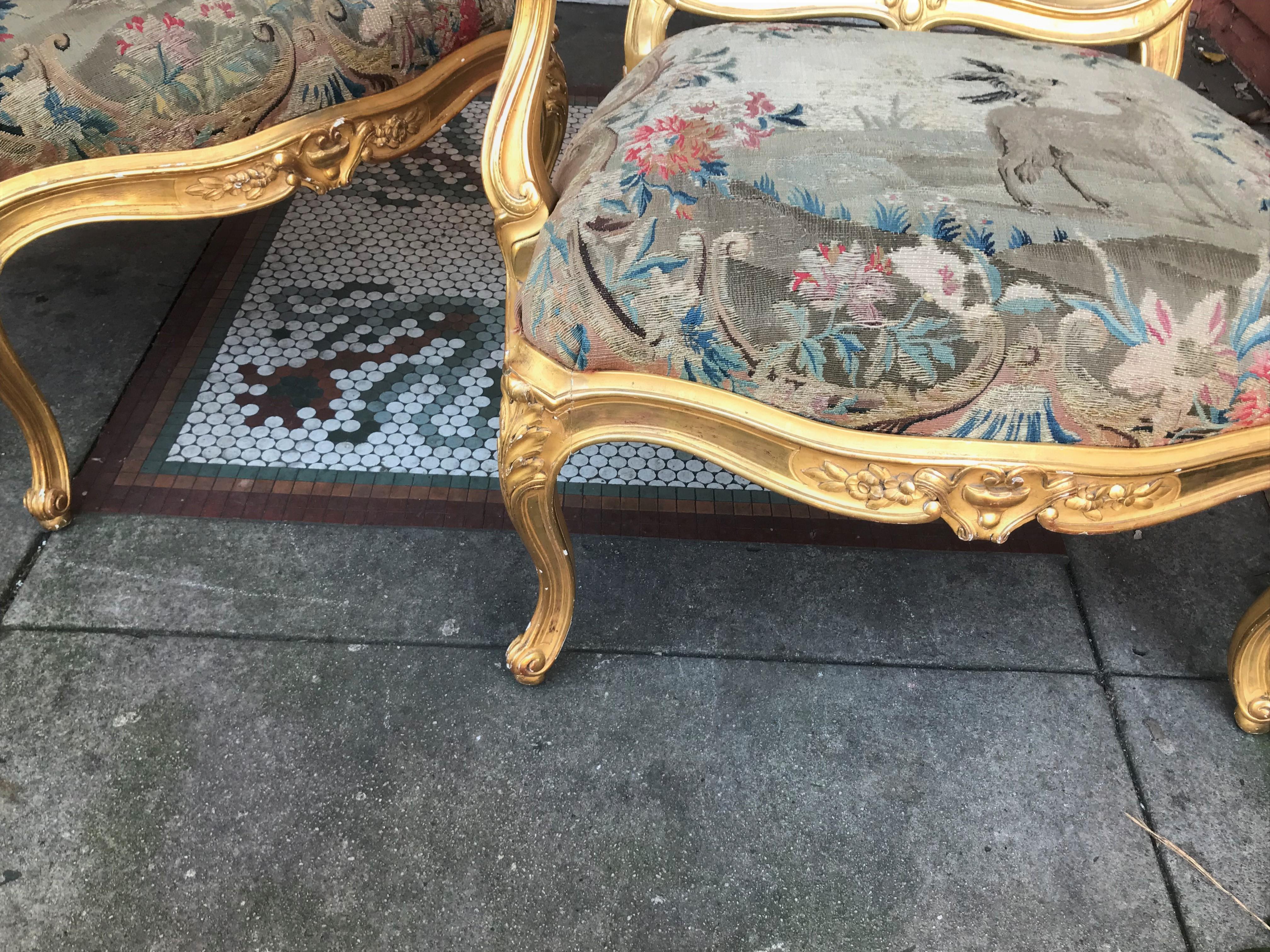Pair of Large Louis XV Style Giltwood Fauteuil with Tapestry For Sale 2